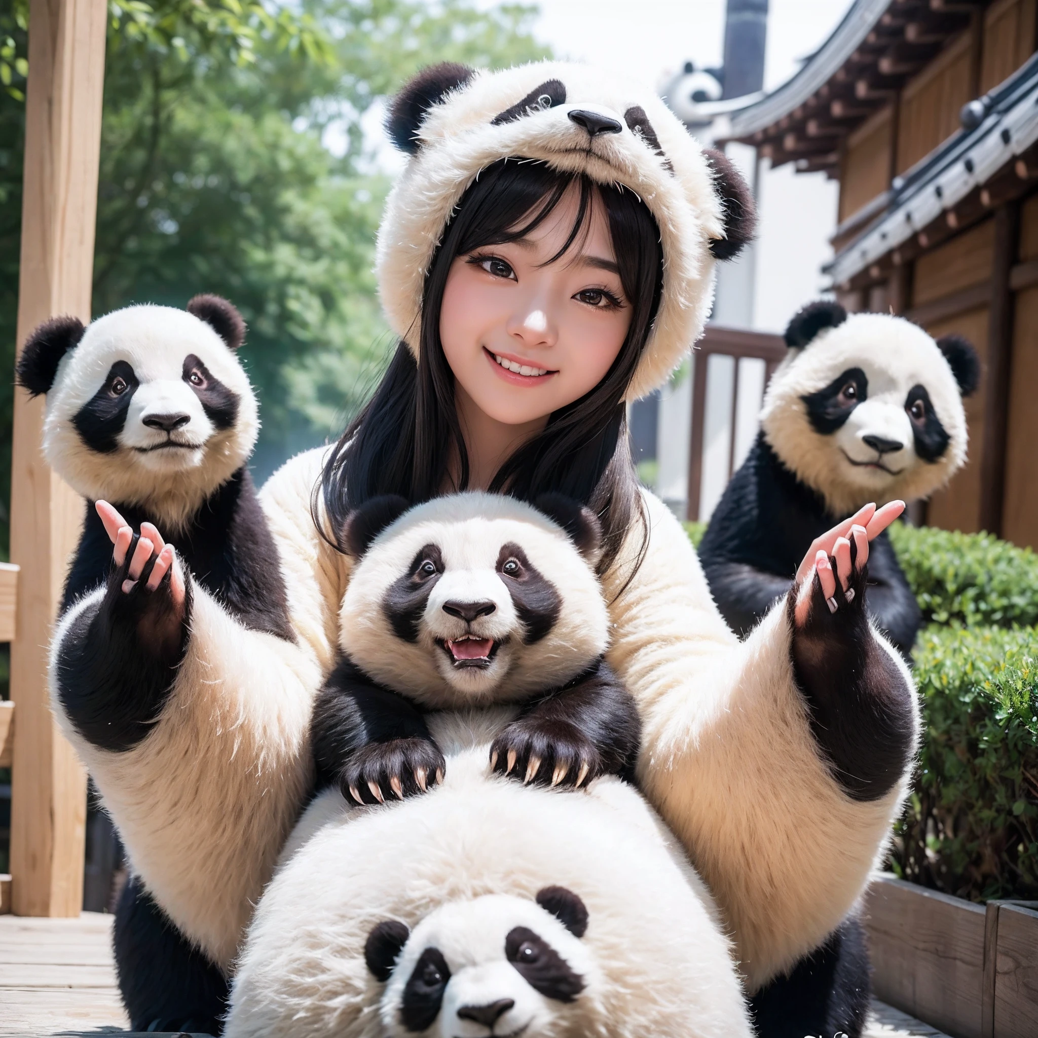 (8K、RAW Photos、top-quality、masterpiece:1.5)、(realisitic、Photorealsitic:1.5)、ultra-detailliert、超A high resolution、lighting like a movie、(((Idols who love pandas)))、(((Japan 16 year old girls)))、(((Wearing a cute costume with a panda motif)))、(Lots of pandas:1.5)、cute smile face、Happy and energetic atmosphere、dynamic ungle、动态照明
