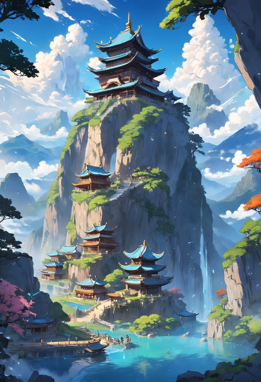 Henggu Continent，Eternal mountain view，Fairy-like，Auspicious clouds flutter，White clouds，Blue water sparkles，The mountains are undulating，Ancient trees，Exotic flowers，Beautiful scenery。A large bell in the magnificent square in the valley，Around a group of people with fairy wind bones