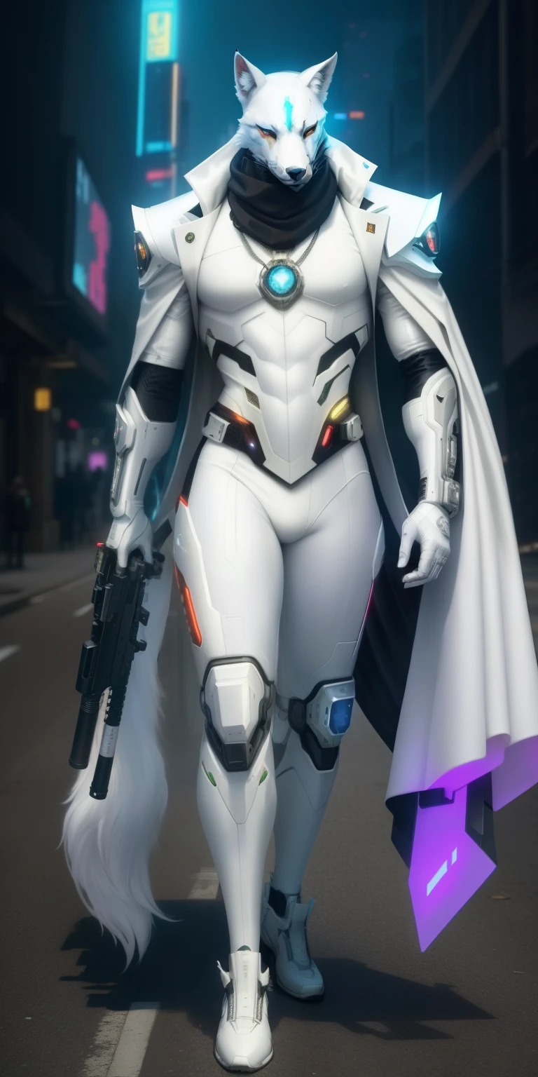 A Hi-Tech cyberpunk giant Fox as a scarf, ultra high resolution, 8k photography, extremely detailed, (( realistic style white suit:1.3)) ,  Custom design, shining body, glowing look, full shining suit, body, hues.,steampunk style,cyberpunk style,mecha, perfect custom Hi-Tech suit, holding gun pistol, weapon master,