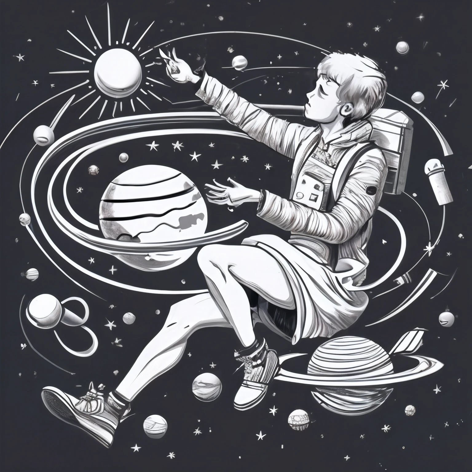 a black and white illustration of a man in a space suit, girl in space, powerful woman sitting in space, girl looks at the space, of space travel, space travel, art deco of a space woman, dressed in stars and planets, jen bartel, line art illustration, space exploration, retro illustration, 🪔 🎨;🌞🌄