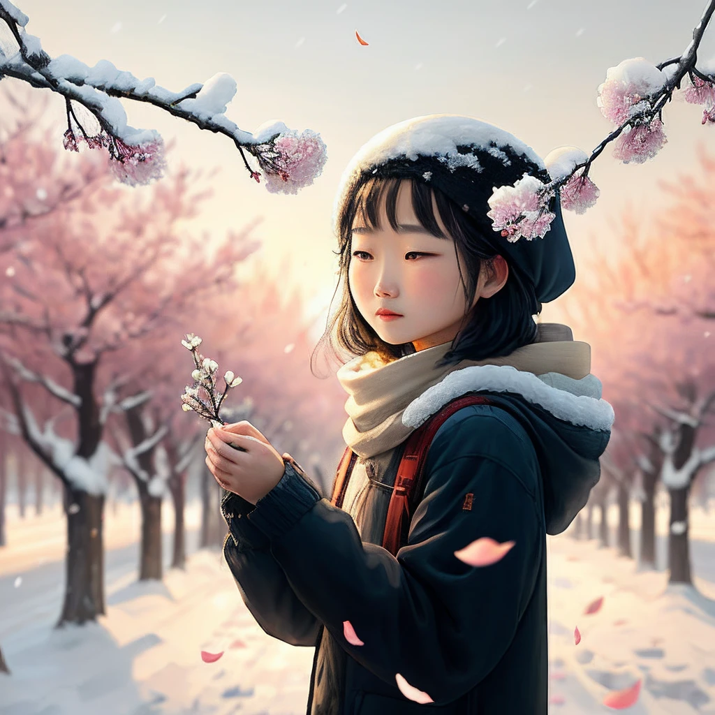 Snow is flying, petals dancing，Apricot blossoms caressed the cold breeze。Thinking of returning home in the cold night，Dead branches spit out。The spring color is still there，Who appreciates Fang Fei？Snow rhymes and grumbles，Flowers fall in a dream。The years are running out，Lonely love tree head。