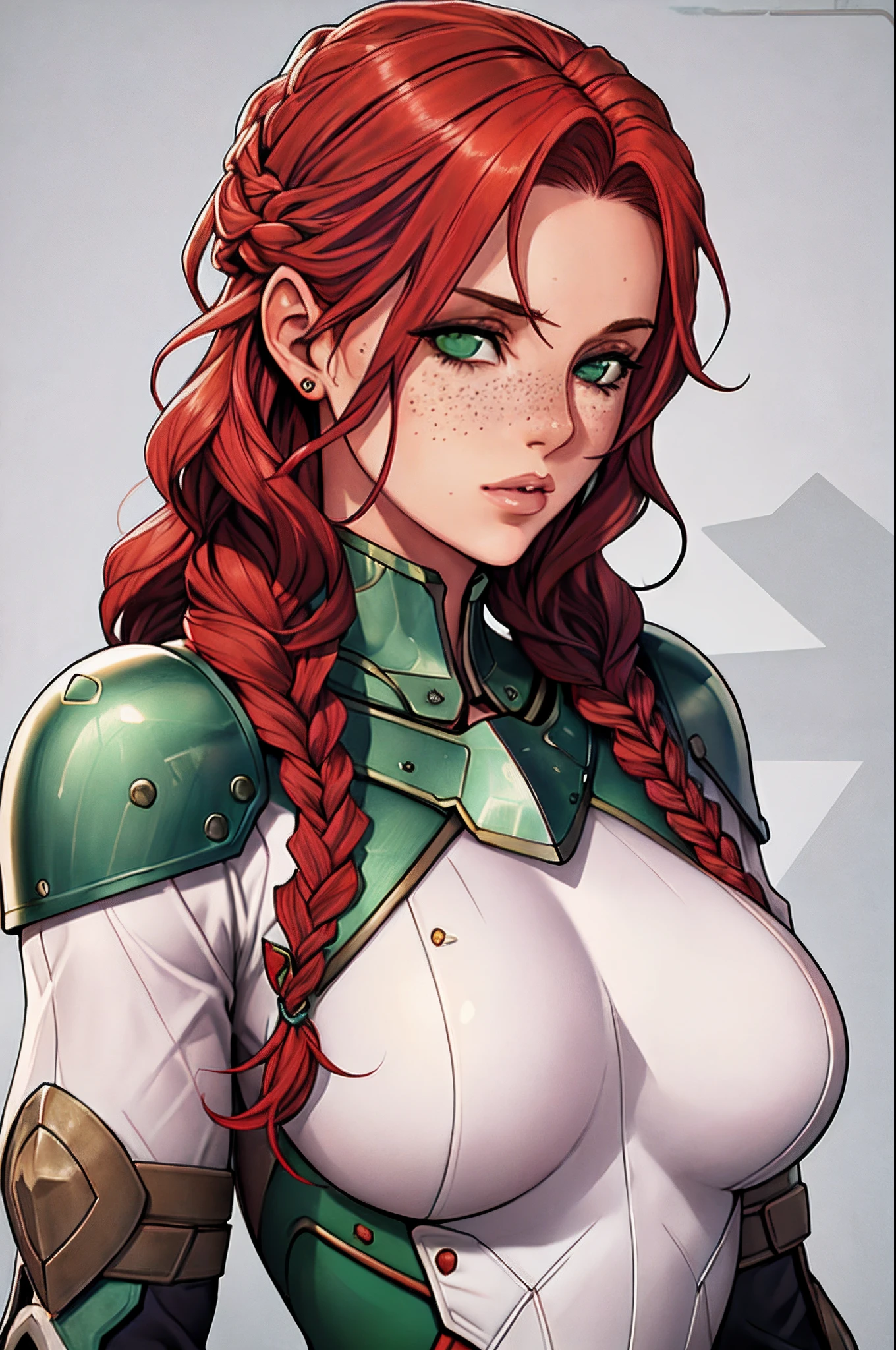 Aesthetic realistic, a woman, red hair, green eyes, curly hair, freckles on both cheeks, full lips, sympathetic look, fair skin, armor, Huge Breasts, small build, upper body, braided hair