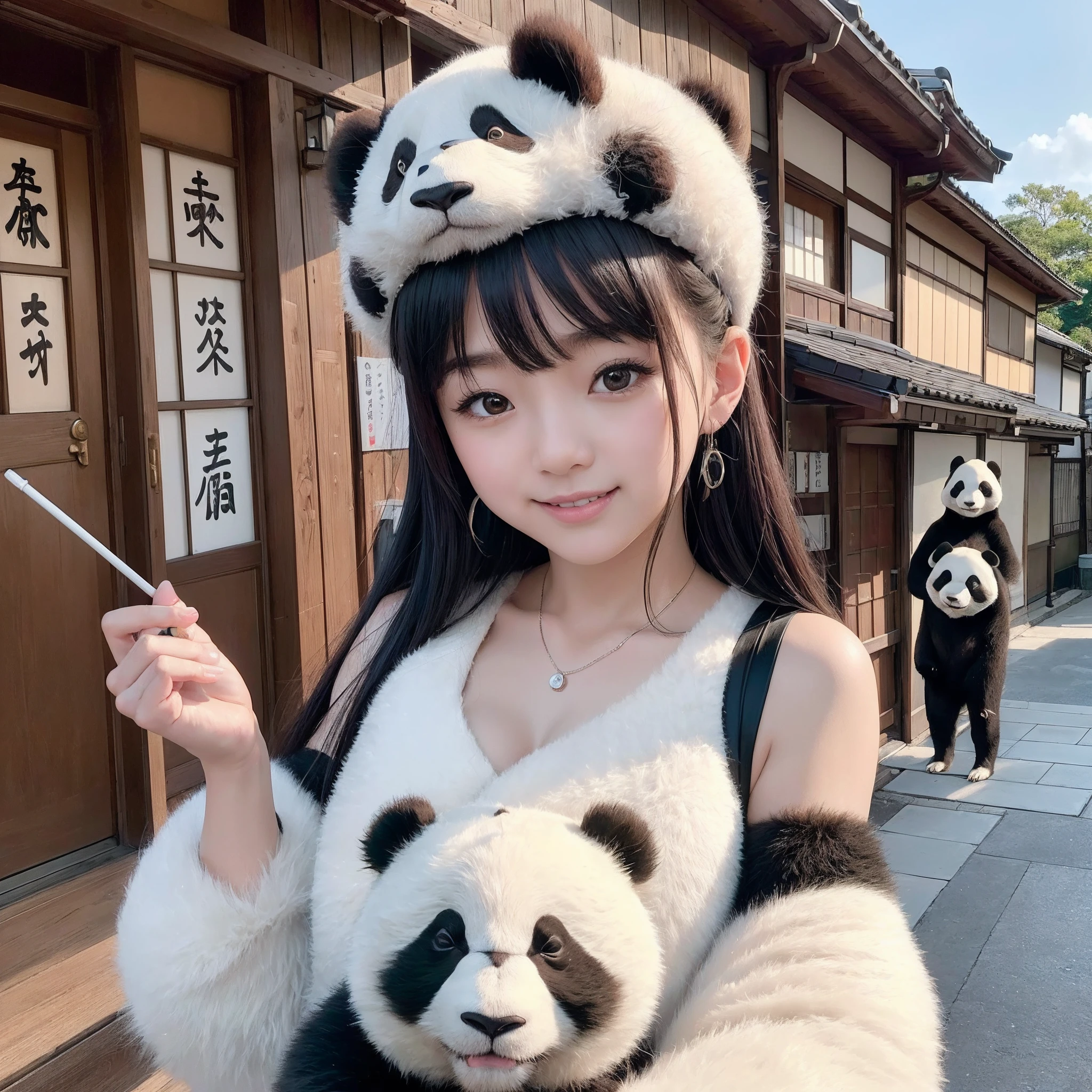 Uma mulher muito charmosa com seu panda curtindo um lindo passeio de primavera cercada por girassois e natureza. The illustration is a high definition illustration in 4K resolution, apresentando recursos faciais altamente detalhados.