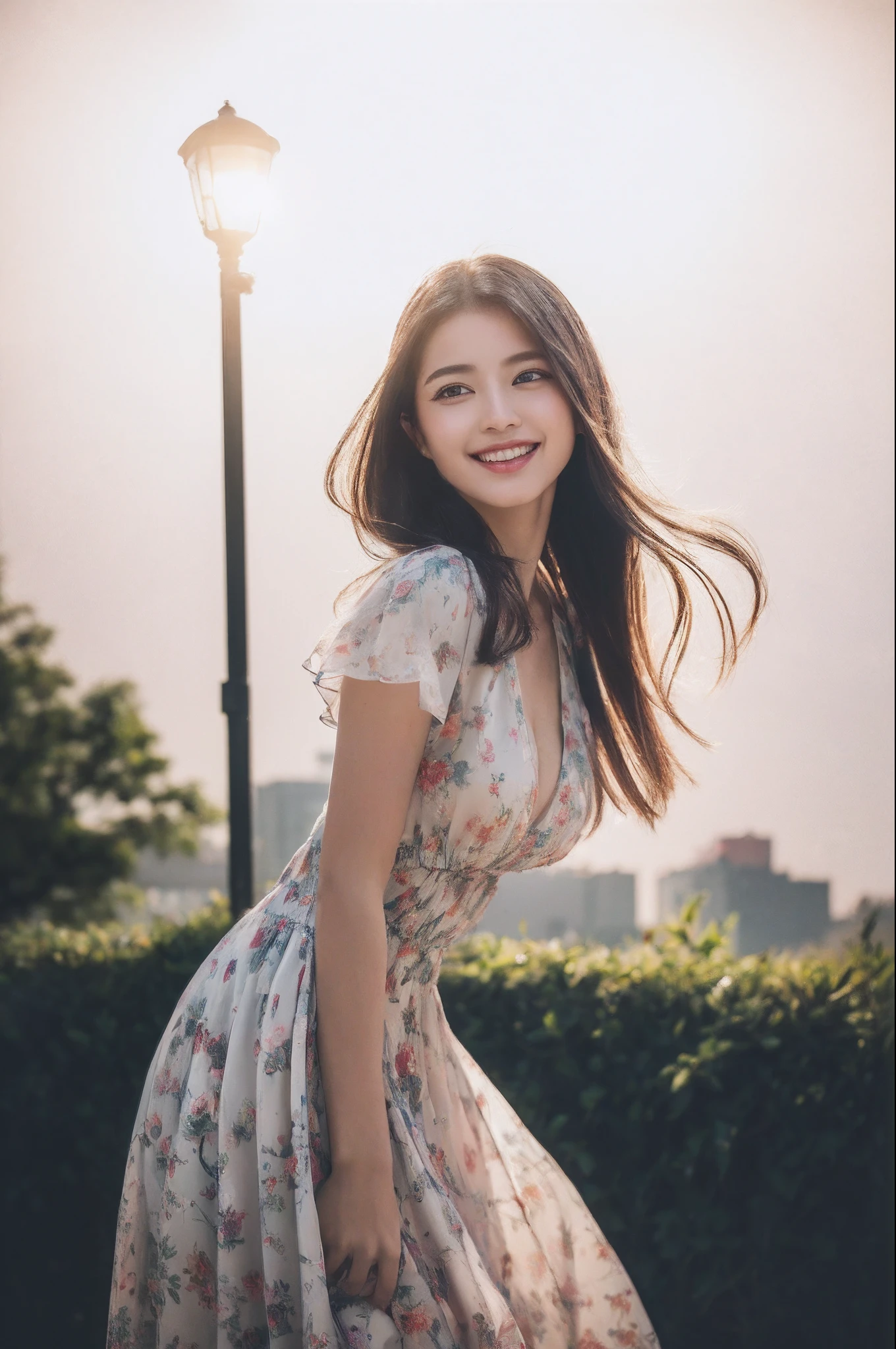 (8K, RAW photo, Photorealistic:1.25) ,( Gloss on lips,glossy finish, Glossy glossy skin, Best quality, 超A high resolution, color difference, Caustics, Wide light, naturalshadow) look with serenity and goddess-like bliss to the spectators,(depth of fields:1.6), (colorful unfocused lights on background:1.2) ,very natural make-up,Cloudy day shooting ，Large breasts，slender eyes.downcast eyes. A distant look in her eyes、（Smile:2）Smile，(Gorgeous summer dress)(Fashion professional model)、Radio City、Medium hair