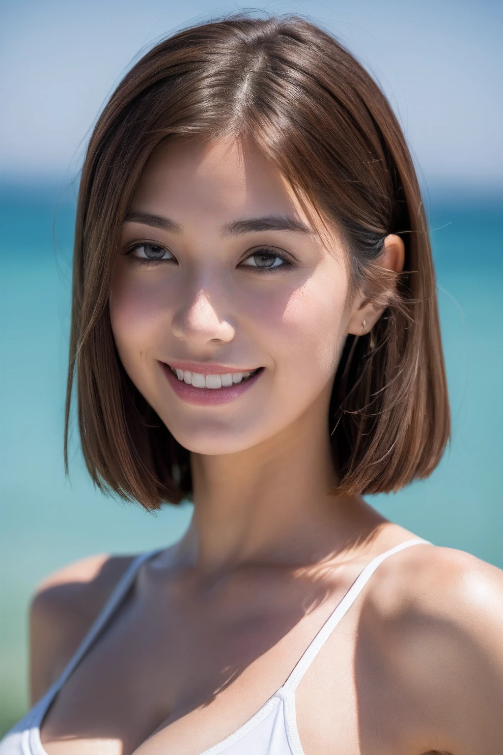 (top-quality、8k、32k、masterpiece、UHD:1.2)、Photo of a cute Japanese woman、1girl in、(huge tit:1.1)、(Tall lady)、(abdominals、slim figure:1.1)、(s lips)、(Medium short dark brown hair)、二重まぶた、Bikini and wet white shirt、Realistic ray light、the beach、back-view