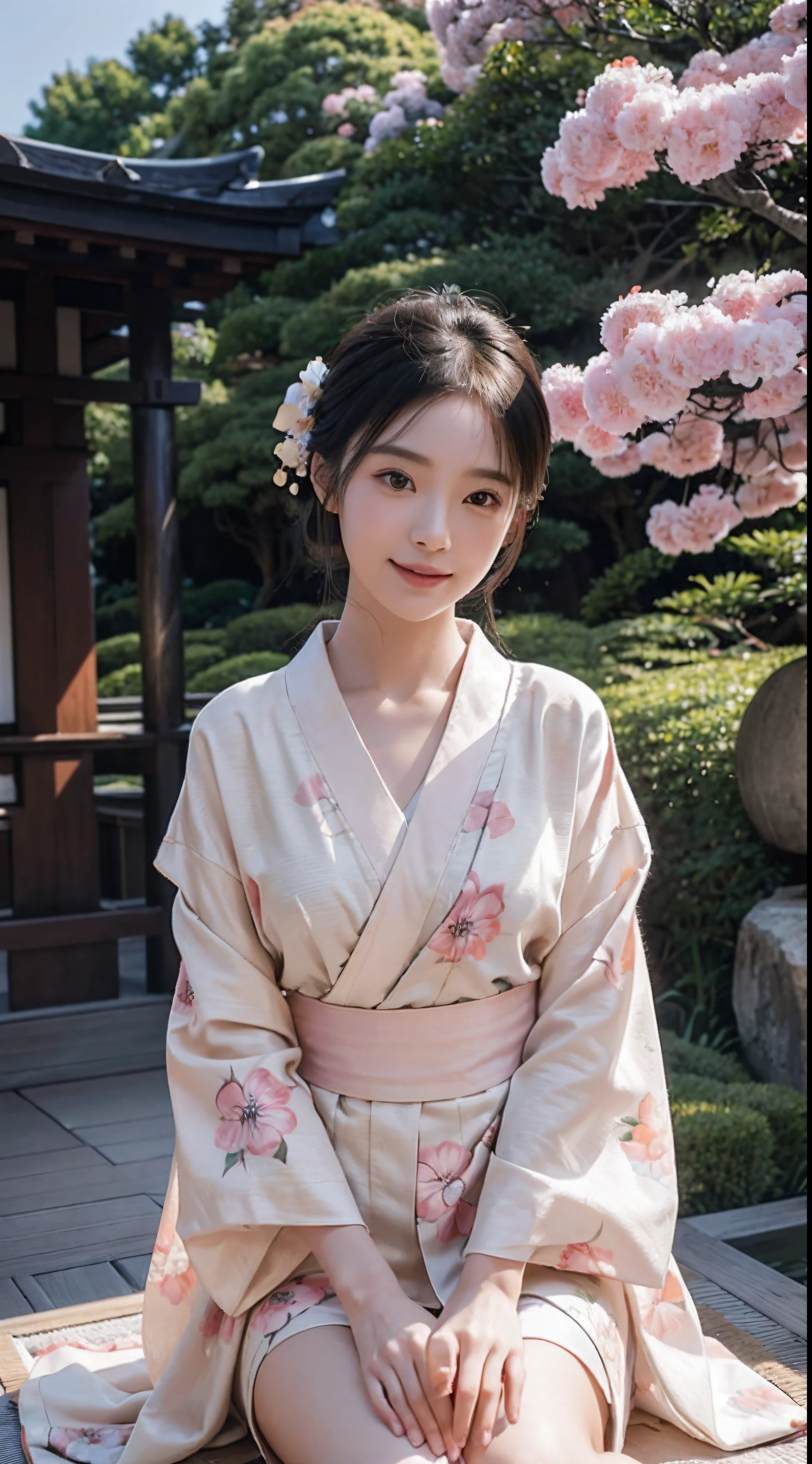 (Photorealsitic:1.4), (Top image quality:1.0), (超A high resolution:1.0), 8K, Raw photography, (masterpiece:0.2), (pureerosface_v1:0.5)、(Best Quality Detail:1.2)、realisitic、8K UHD、hight resolution、(1girl in:1.2)、The ultra-detailliert、High quality textures、intricate detailes、detaileds、Very detailed CG、High quality shadows、Detail Beautiful delicate face、Detail Beautiful delicate eyes、depth of fields、Ray traching,1girl in, japanaese girl, Cute, slender, Black kimono, Kimono with Japanese pattern,Floral scrunchie, Beautiful skin, Facing the front,Sit down, Sit upright and say thank you,Align your hands elegantly,Smile faintly The Land of Japan,Japanese garden,Luxury Japanese-style room, skyporn, Magic Hour, (Realistic:1.3), Finely detailed, quality, (masutepiece:1.2), (Photorealistic:1.2), (Best Quality), (Intricate details), Dramatic, Ray tracing, photograph, +Lola