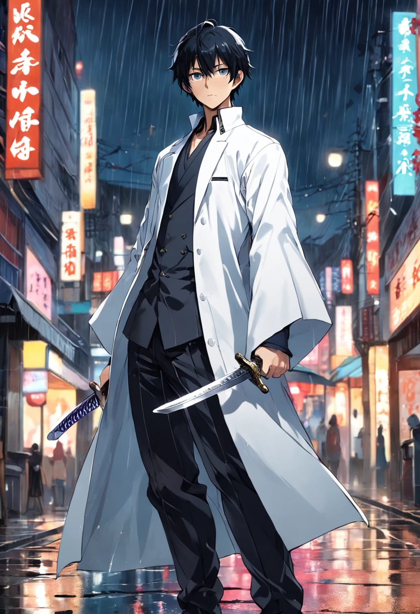 Costume rainy night capital stone road male swordsman capable back white coat seven-point sleeves black lining