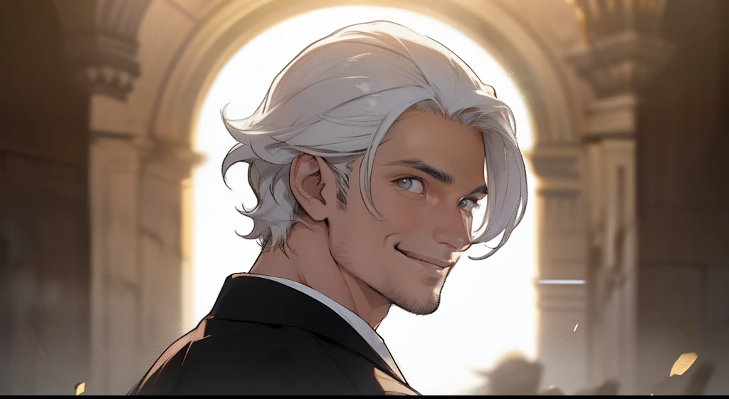 (The face of a man looking back with a smile, cabelos pretos e escuros, perfect lighting, muitos detalhes, olhos fechados)