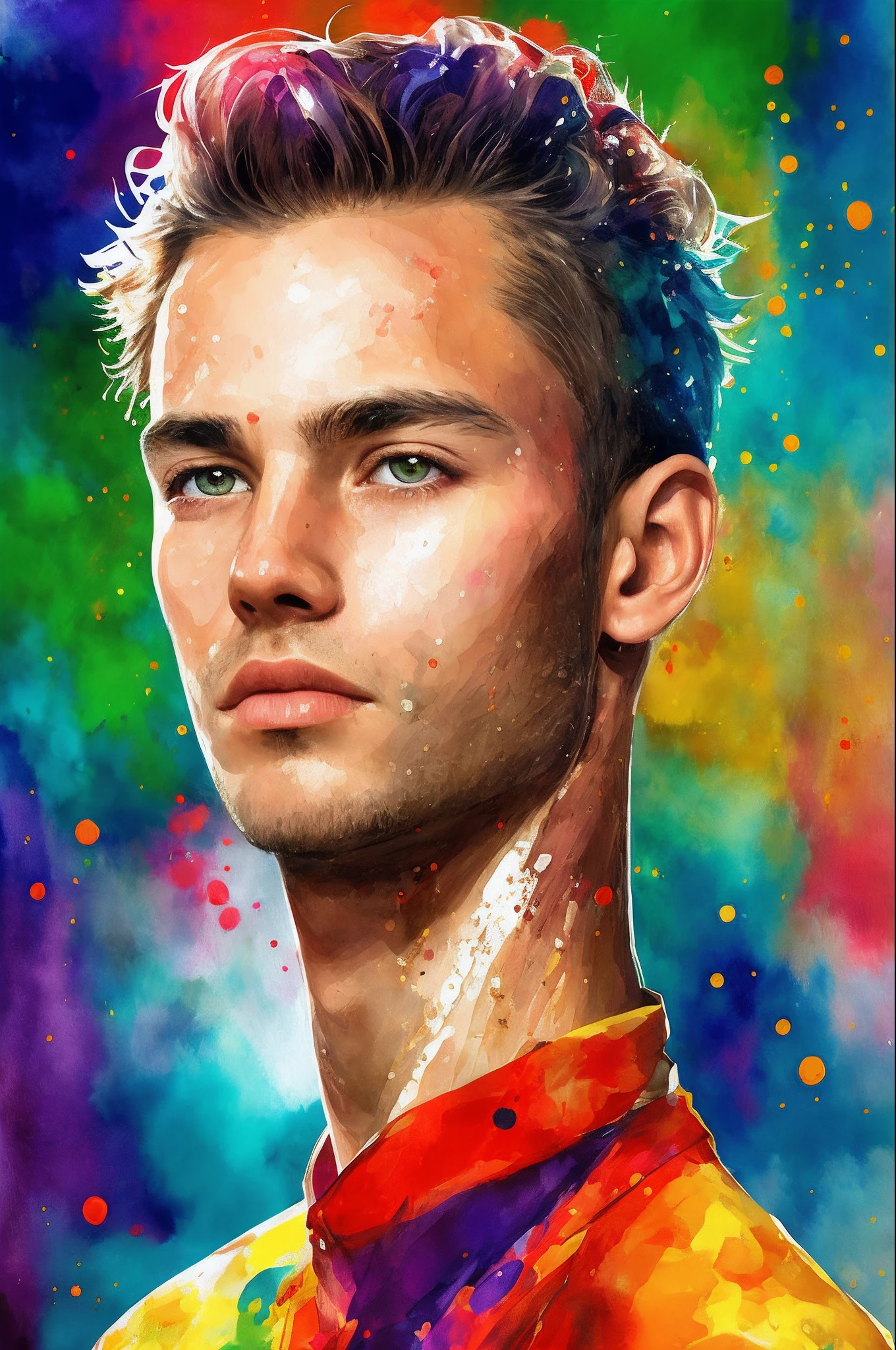 A boy, Thin and angular, with small nose,The chin is sharp, There is a faint scar on the chin, black messy hair, bright green eyes, A distinctive lightning-like scar on the forehead, Stylish, Maximalism, Full portrait, Covered in splashes, Splash color, vibrant, 8K, Artem Cheboka style, Watercolor on white background