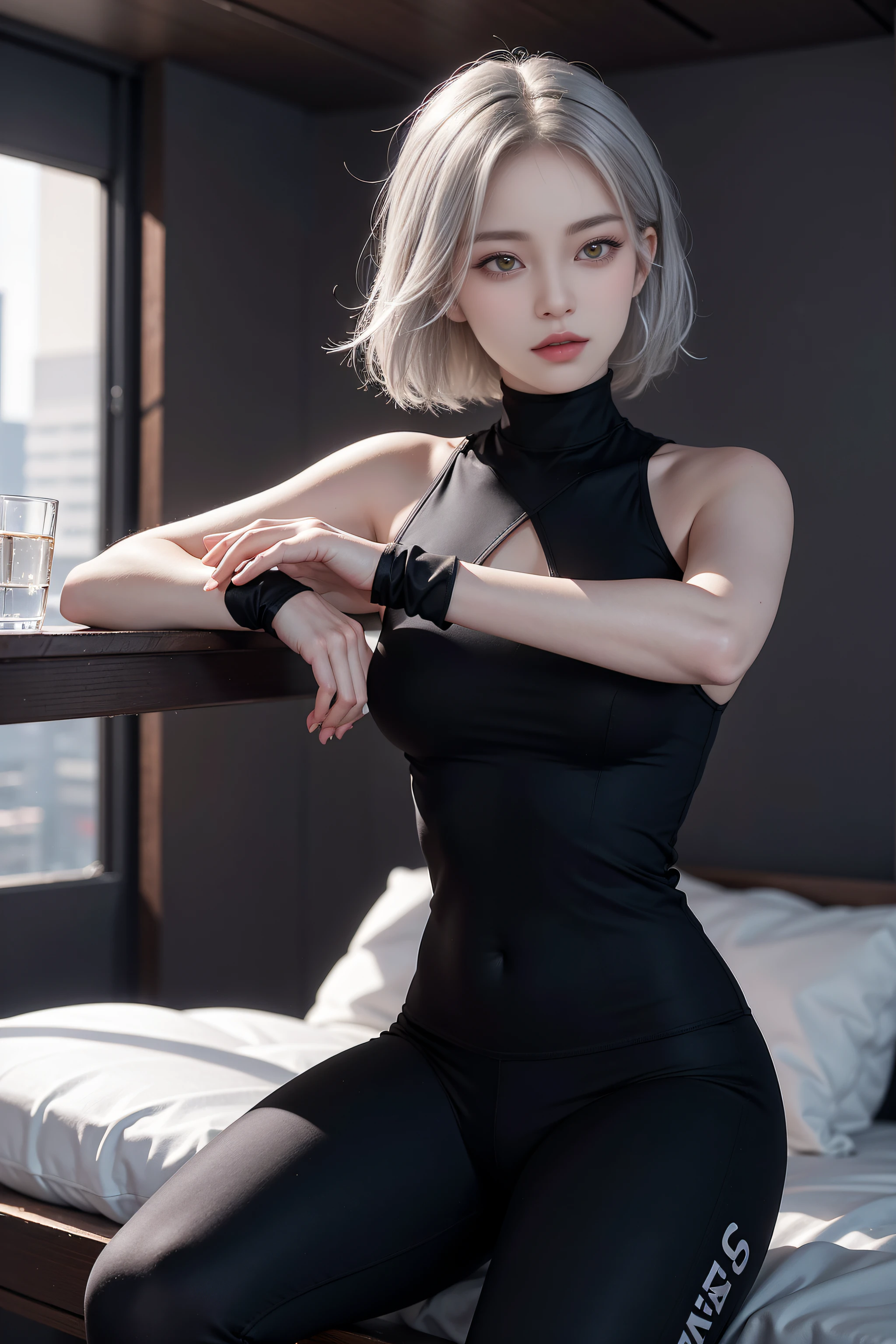 Photorealistic works,Ultra-clear image quality,8K分辨率,8K HD CG works,Ultra-clear, high-detail, ultra-fine picture,High-grade, clear and detailed work,Detailed CG image quality:1.1,Super high resolution large files,Advanced pixels,Advanced detailed details,Super technical clarity detail:1.1,Authentic photography,Indoor lighting effects,Natural dimming effect,Light effect(Simulate lighting effects:1.1)A mature woman,Royal sister,Young woman of the Department of Sports,Short-haired sister,Short silver hair,Short silver hair,Ultra-fine hair,Clear strands of hair(Super hair details:1.5),Has crimson pupils,A pair of big hooking eyes,Delicate eyelash makeup, Thin eyebrows, Super detailed eyes,lips in red,Sexy big red lips, rosycheeks, Delicate makeup for the face , Pretty face, a face with perfect proportion,(Advanced facial details:1.1)Black skinny yoga pants,Black skinny sports vest,Louis Vuitton sneakers,White sneakers(High-detail sportswear:1.8)Louis Vuitton sports suit,Louis Vuitton is a woman,Format picture,Mature series works,Authentic photography,album covers