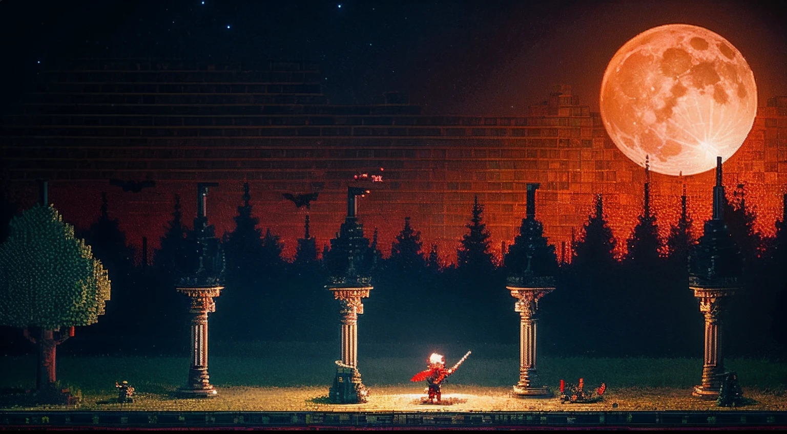 pixel game,scenography,fantastical scenes,Bloody moonlit night,Red Moon,Vampires,the bats,levitating, Pixel art #pixelart