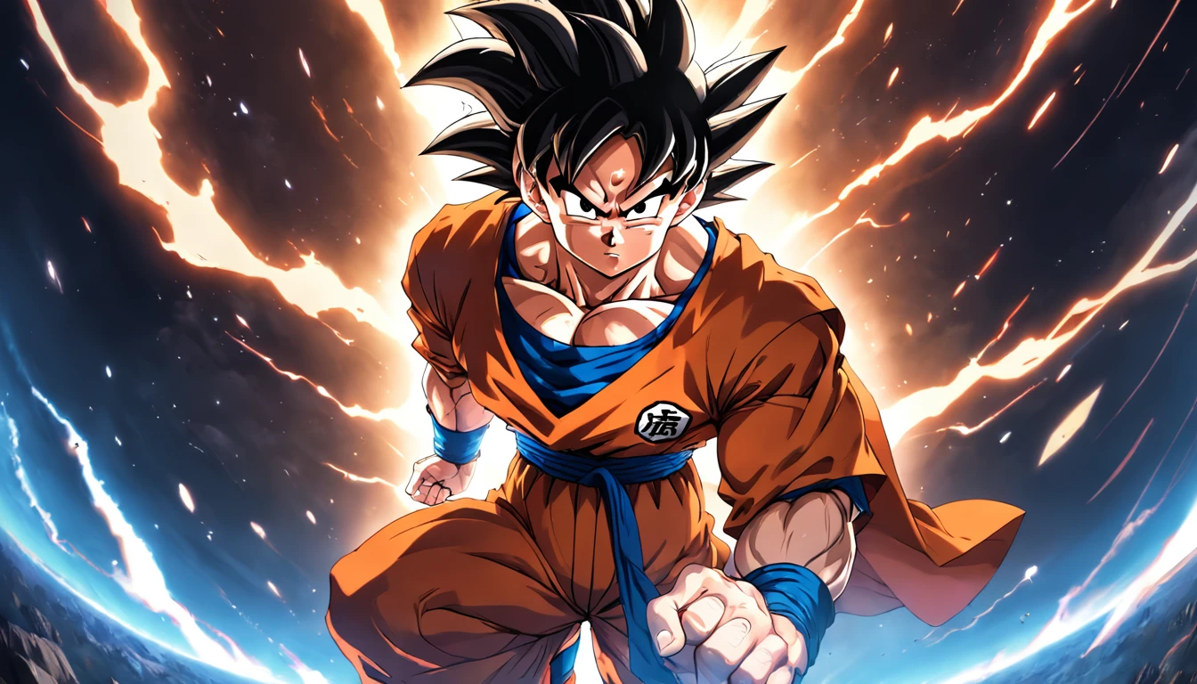 Goku in the style of Akira Toriyama, dressed in a Superman costume. 8k ultra detail