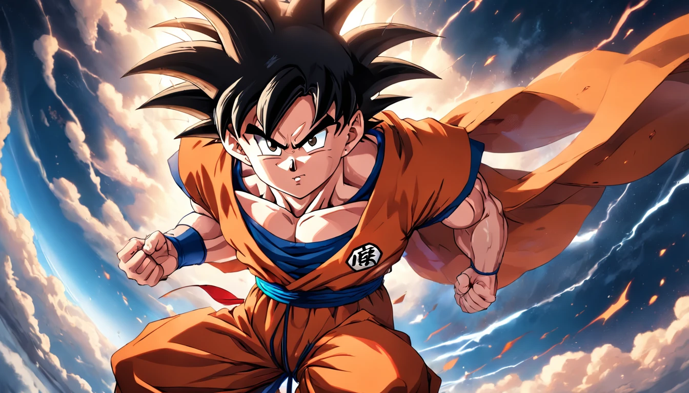Goku in the style of Akira Toriyama, dressed in a Superman costume. 8k ultra detail