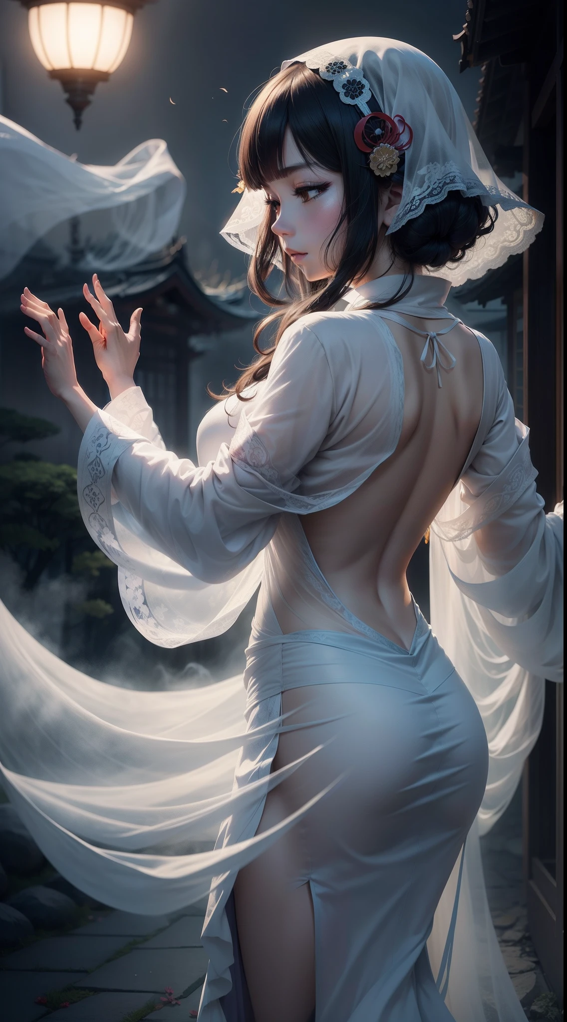 Ayakashi spirits dancing in a spectral procession, their ethereal forms cloaked in mysterious mist.
