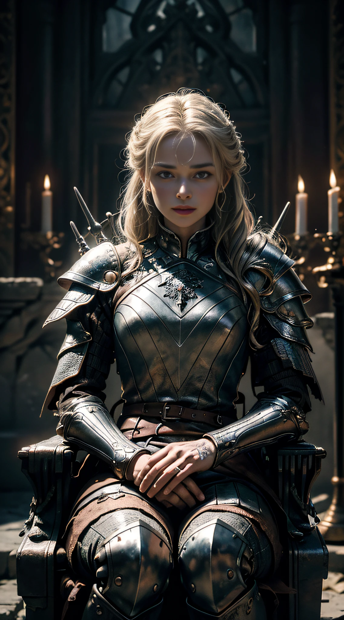 ((Masterpiece, high quality, high detail, 8K, ray tracing, HDR)), Goblin Warrior sitting on the throne in the center of the dilapidated castle, solo, Lord of the Rings, (Iron Throne: 1.2), (dim light: 1.5, dark), intimidating, (broken armor, scars: 1.2), blurred background, backlight, local light, looking at the viewer, cowboyshot, surface coloring, depth of field