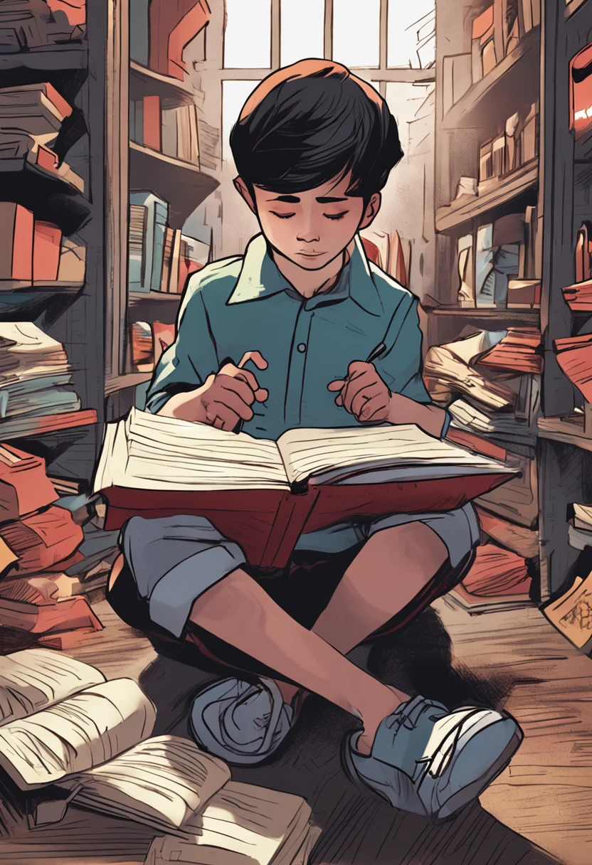 1 dark-haired boy reading，adolable，Line art