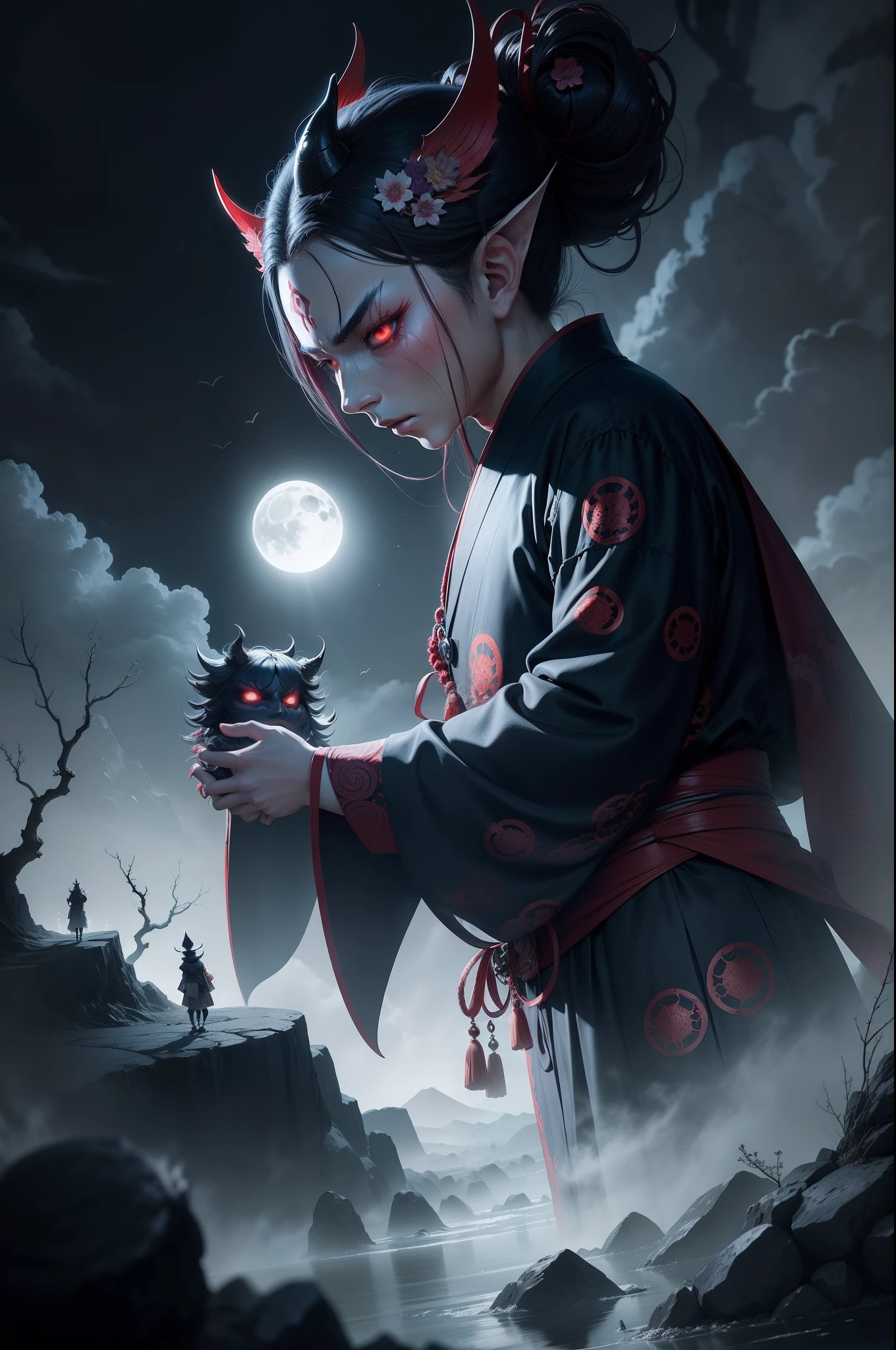 Ayakashi and Kage-Oni coalescing in a surreal, nightmarish landscape, embodying the eerie essence of Edo Yokai.