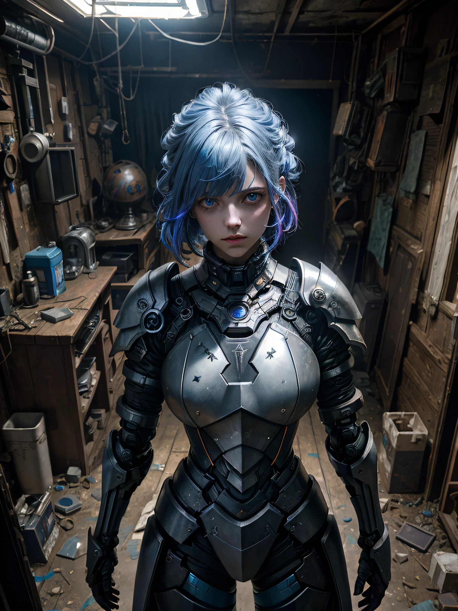dark and gloomy full body 8k unity render, female teen cyborg, Blue yonder hair, wearing broken battle armor, at cluttered and messy shack , action shot, tattered torn shirt, porcelain cracked skin, skin pores, detailed intricate iris, very dark lighting, heavy shadows, detailed, detailed face, (vibrant, photo realistic, realistic, dramatic, dark, sharp focus, 8k)