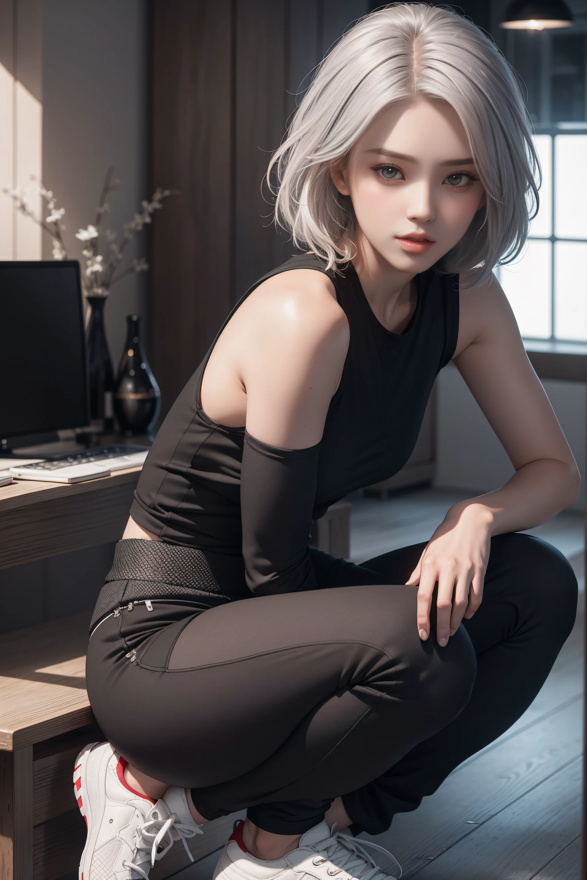 Photorealistic works，Ultra-clear image quality，8K分辨率，8K HD CG works，Ultra-clear, high-detail, ultra-fine picture，High-grade, clear and detailed work，Detailed CG image quality:1.1，Super high resolution large files，Advanced pixels，Advanced detailed details，Super technical clarity detail：1.1，Authentic photography，Indoor lighting effects，Natural dimming effect，Light effect（Simulate lighting effects：1.1）A mature woman，Royal sister，Young woman of the Department of Sports，Short-haired sister，Short silver hair，Short silver hair，Ultra-fine hair，Clear strands of hair（Super hair details：1.5），Has crimson pupils，A pair of big hooking eyes，Delicate eyelash makeup, Thin eyebrows, Super detailed eyes，lips in red，Sexy big red lips， rosycheeks, Delicate makeup for the face , Pretty face, a face with perfect proportion,（Advanced facial details：1.1）Black skinny yoga pants，Black skinny sports vest，Sport Tank Top，croptop tanktop，Louis Vuitton sneakers，White sneakers（High-detail sportswear：1.8）Louis Vuitton sports suit，Louis Vuitton is a woman，Format picture，Mature series works，Authentic photography，album covers