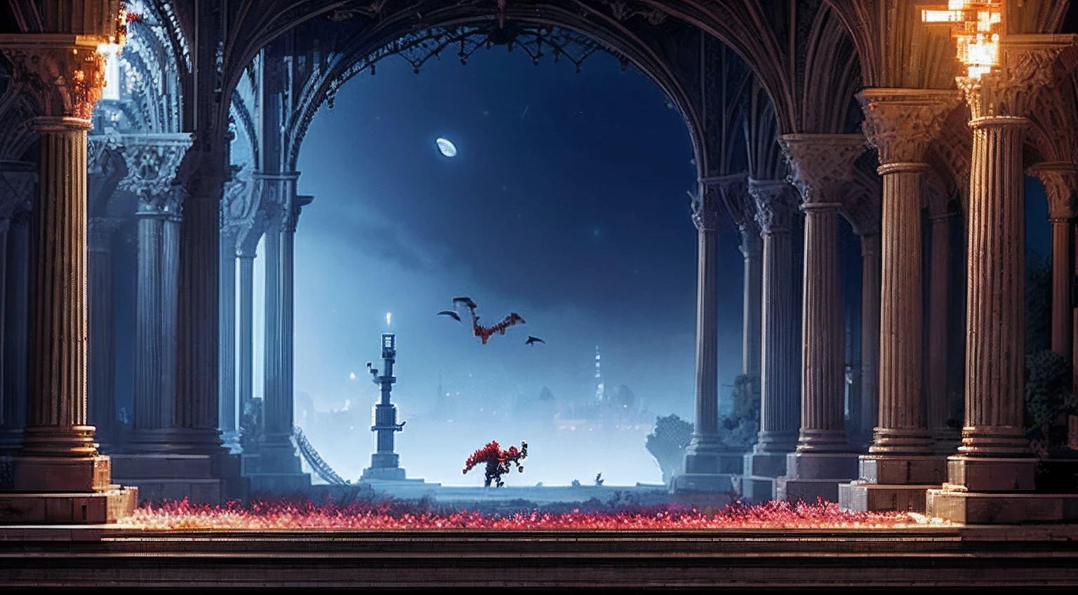 pixel game,scenography,fantastical scenes,Bloody moonlit night,Red Moon,Vampires,the bats,levitating, Pixel art #pixelart