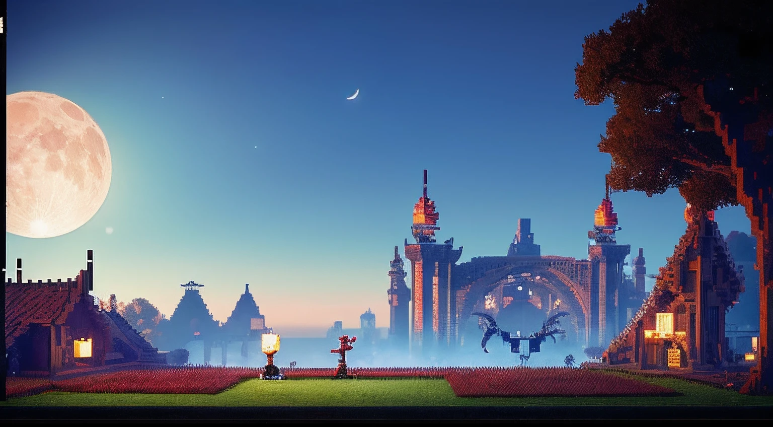 pixel game,scenography,fantastical scenes,Bloody moonlit night,Red Moon,Vampires,the bats,levitating, Pixel art #pixelart