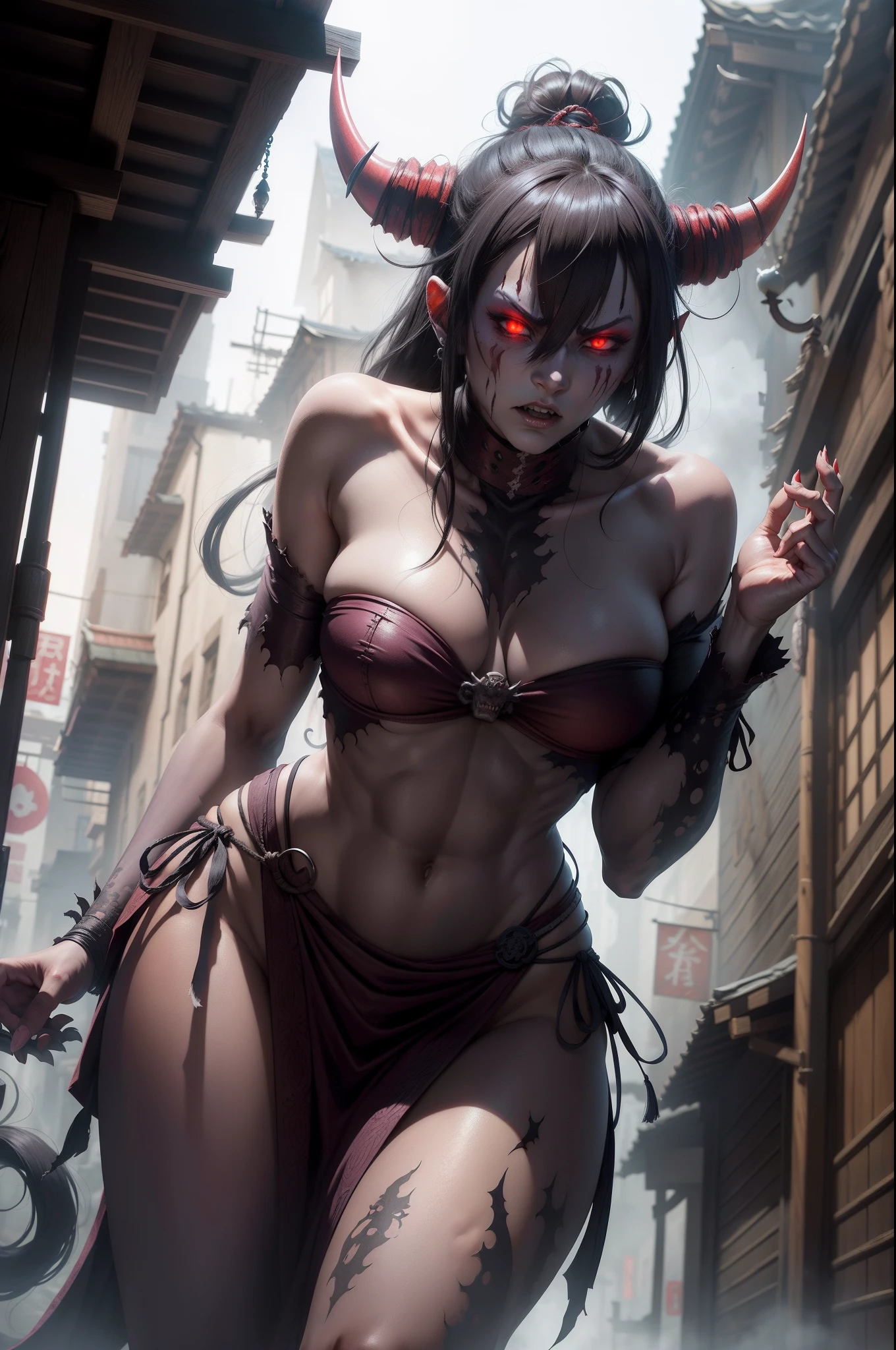A Kage-Oni haunting an ancient Edo street, its ghostly visage sending shivers down the spines of passersby.