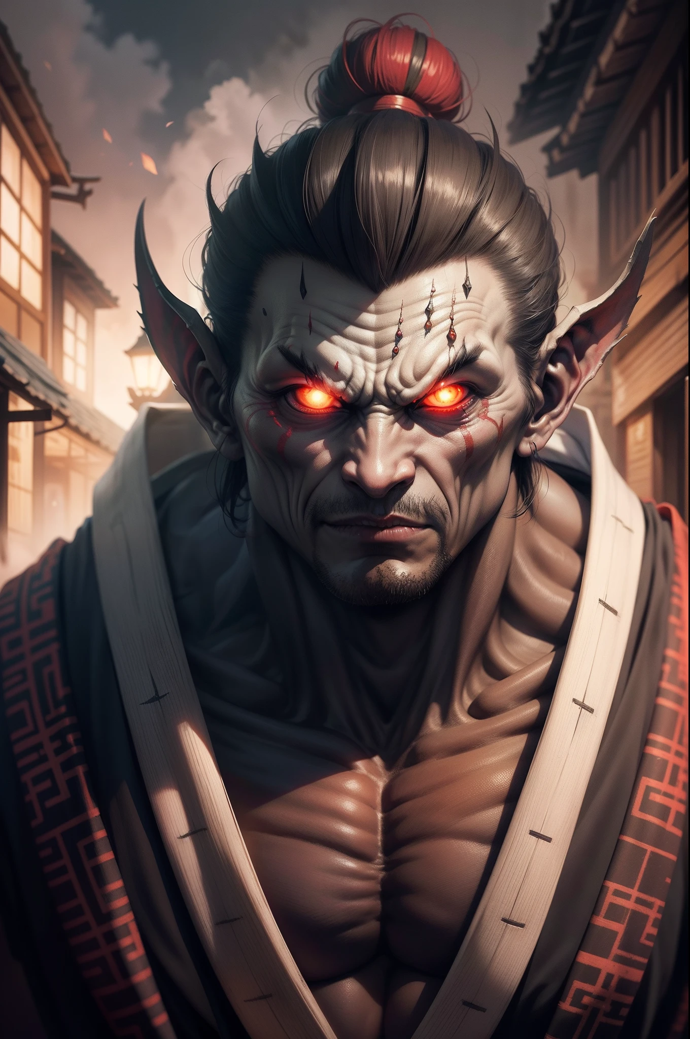A Kage-Oni haunting an ancient Edo street, its ghostly visage sending shivers down the spines of passersby.