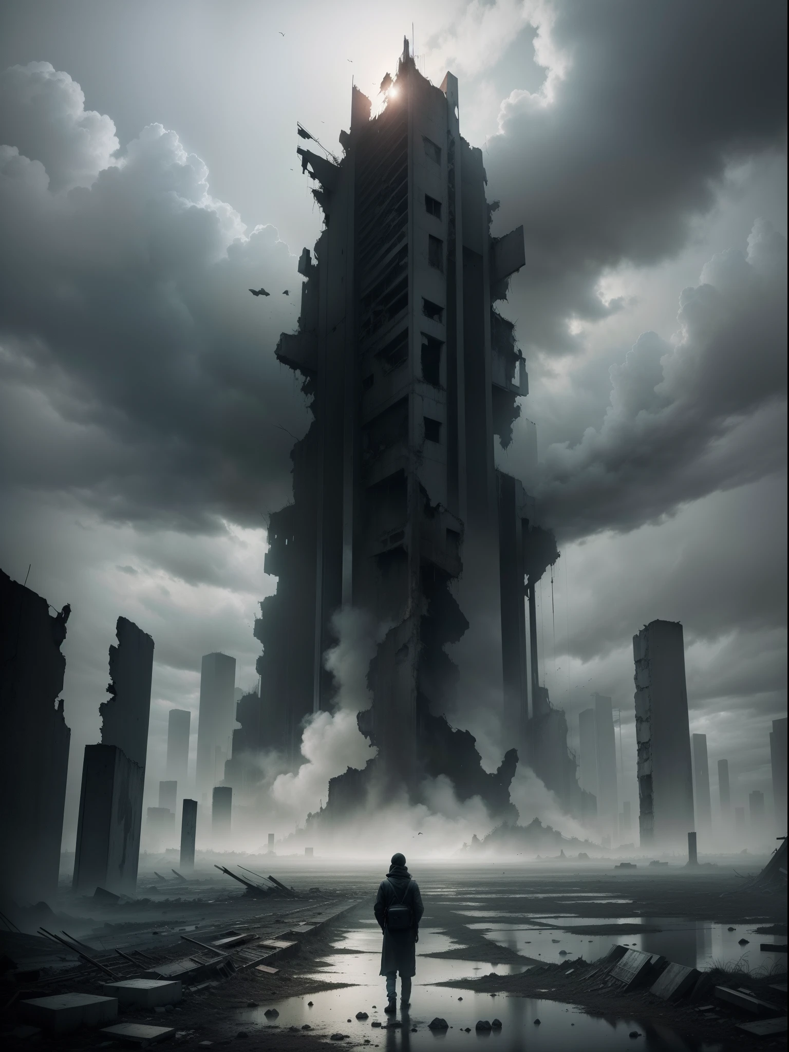 A world of collapse,A sad world,The hue is gray,The overall image is dreamy