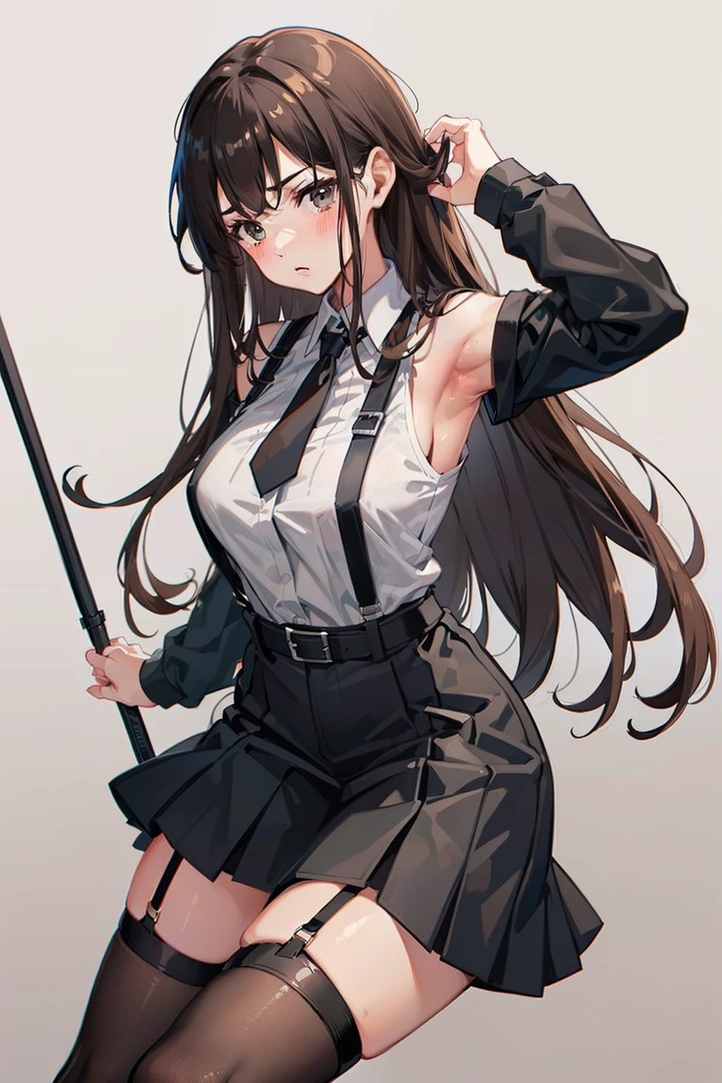 Black skirt, suspenders, Brown hair Gray eyes, Garter belt on the legs, Tight clothes, a belt Armpit sweat deadpan moderate breasts
