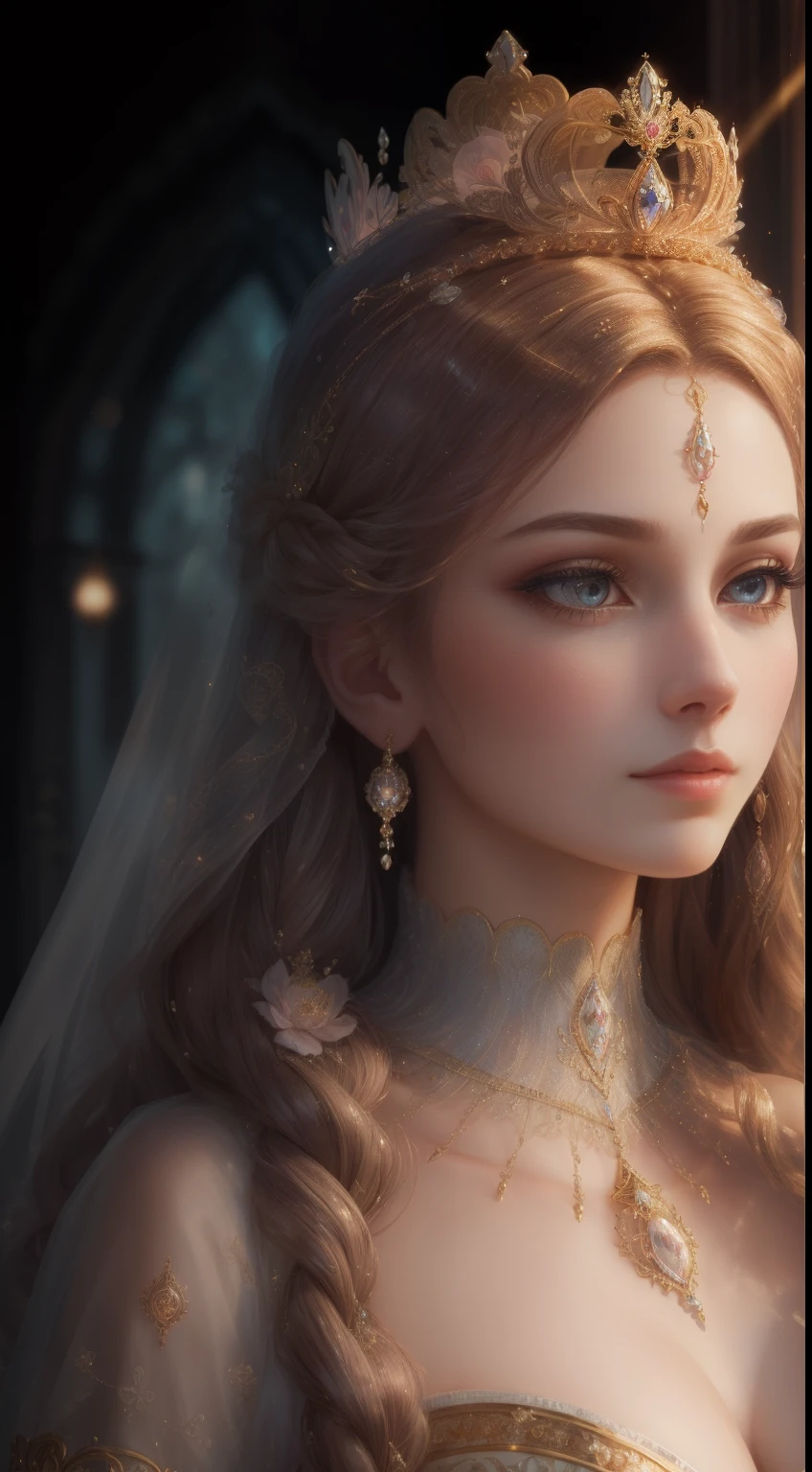 tmasterpiece，Highest high resolution，A bust of a beautiful royal maiden，Delicate braided hair，Coiled hair，Shining clear eyes，The hair is covered with beautiful and delicate floral craftsmanship, crystal、Diamond jewelry filigree，Ultra-detailed details，upscaled，softlighting。Pastel, Dreamy, Whimsical, Delicate, Gorgeous golden shell crown, Epic surrealism, The upper part of the body，Meticulous, Magnificent, max details, extremely hyper aesthetic，upscaled