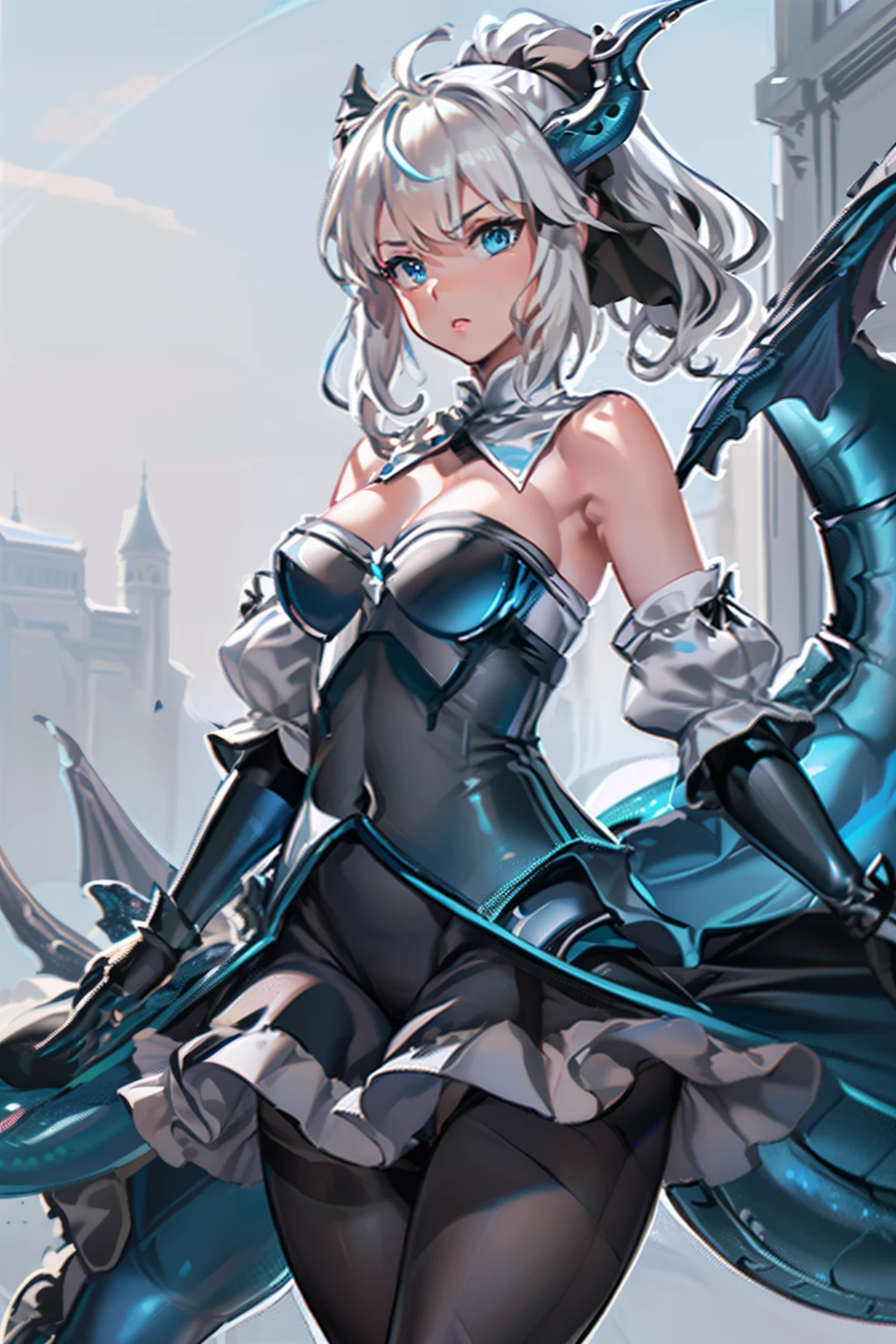 masterpiece,best quality, masterpiece, high detail,detailed face,detailed eyes,rendered eyes,perfect eyes,hip lines,ambient occlusion,crisp image,detailed,amazing,8k,8k wallpaper,8k background,high detailed skin,high res,((((cowboy shot)))),((((Flat chest))))) ((1dragon girl,solo)), ((((white hair)))) ,ahoge,ponytail,(((blue horns,blue eyes,ArtoriaLily,LiSt1 armored detached_sleeves gauntlets bare_shoulders,long skirt ((((Big Thighs with black Pantyhose)))), ((((Blue Dragon Tail)))