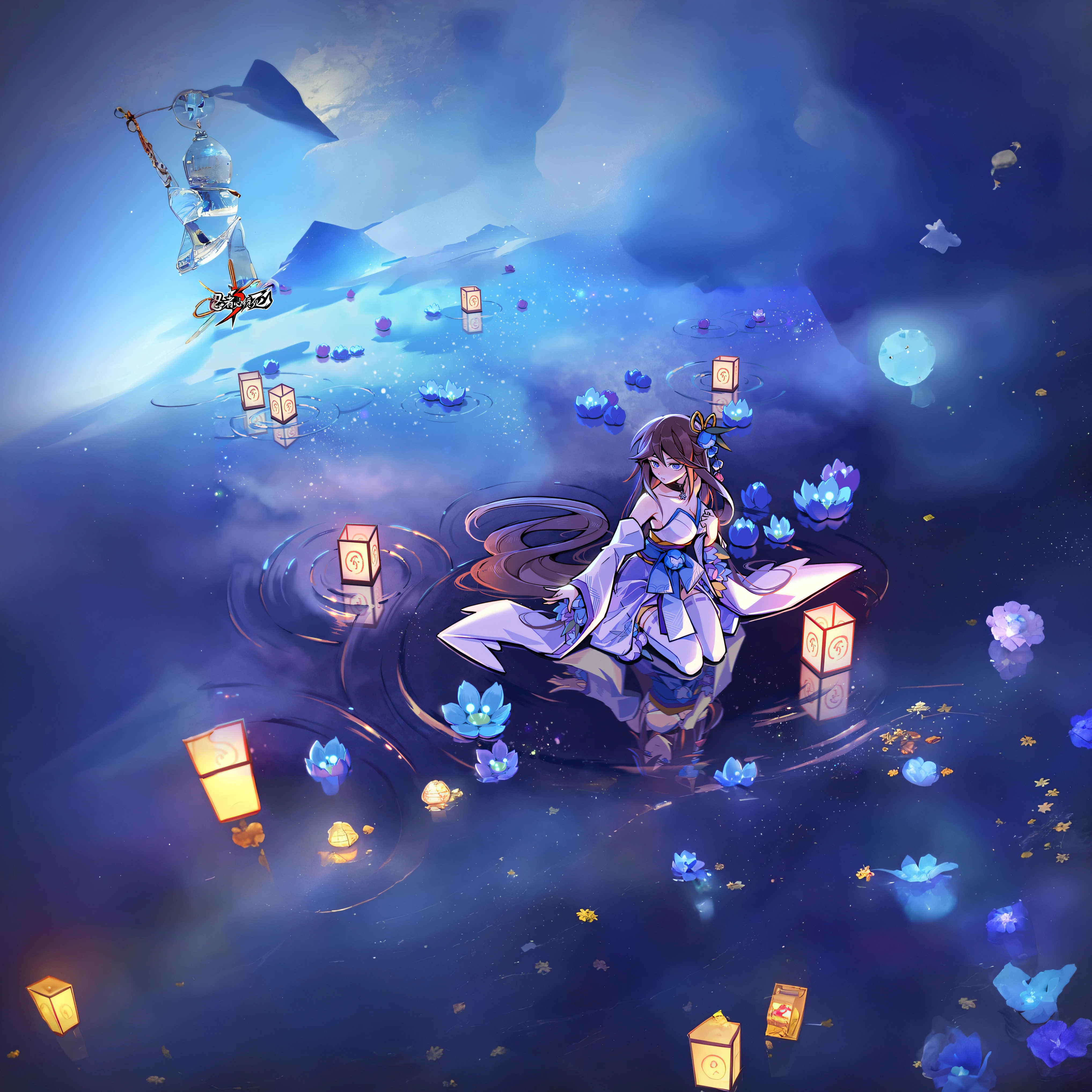 Blue lake，Ice crystal flower，Yellow Kong Ming lantern，Sparkling，It shows the mysterious and elegant temperament of a girl，Pine smoke jinnian