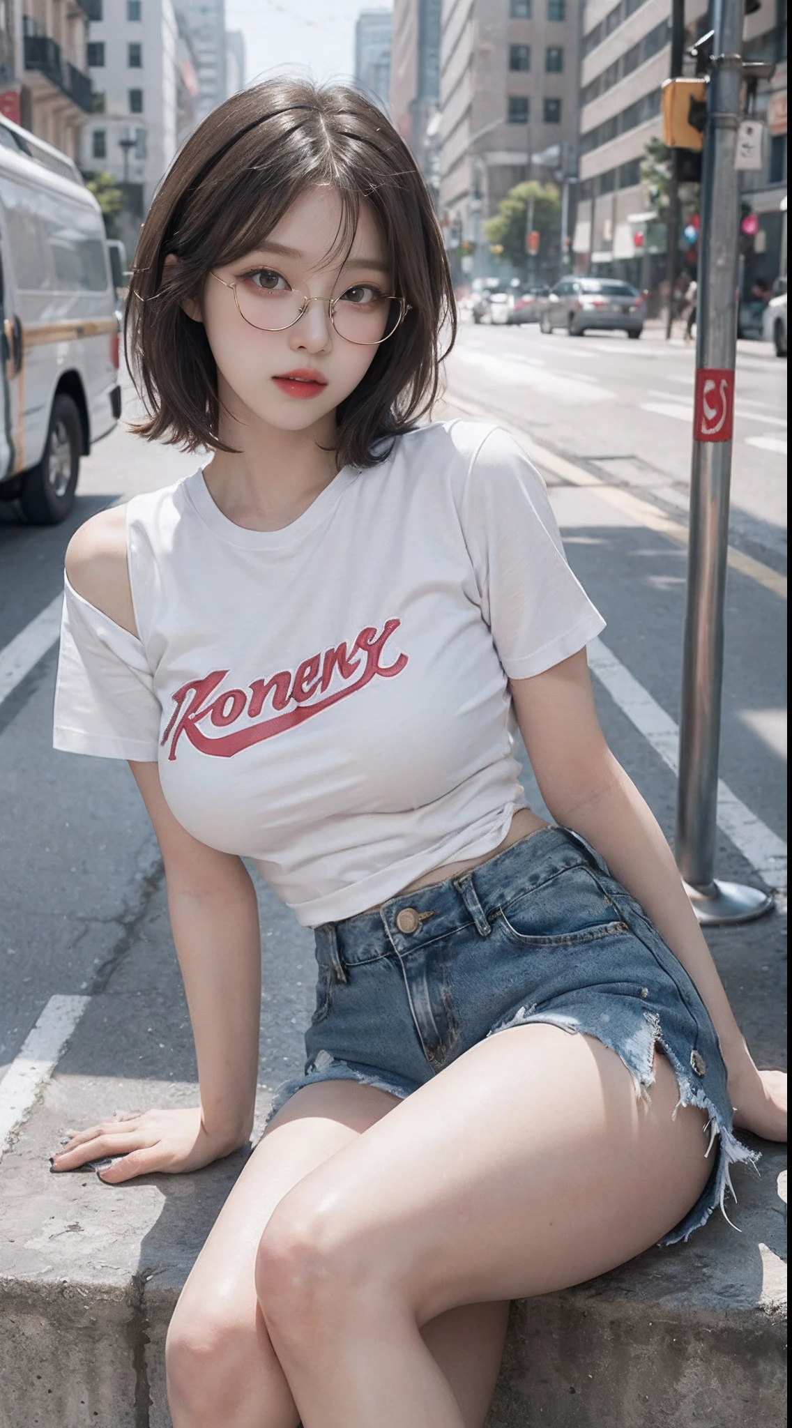 Top image quality、Raw photography、超A high resolution、18-year-old Korean、Glasses beauty、Colossal tits:1.5、cleavage of the breast:1.5、fair white skin、shiny white skin、(short bobbed hair)、((dark brown hair))、Beautiful eyes with random colors、very thin lips、beautiful eyes finely detailed、elongated eyes、pale pink blush、long eyeslashes、Beautiful double eyelids、eyeshadows、耳Nipple Ring、(Fashionable glasses、white tee、denim short pants、Beautiful legs、Attractive thighs)、street snap、caps、Emphasis on the thighs、Exposed shoulders、Pose to sit and show your legs