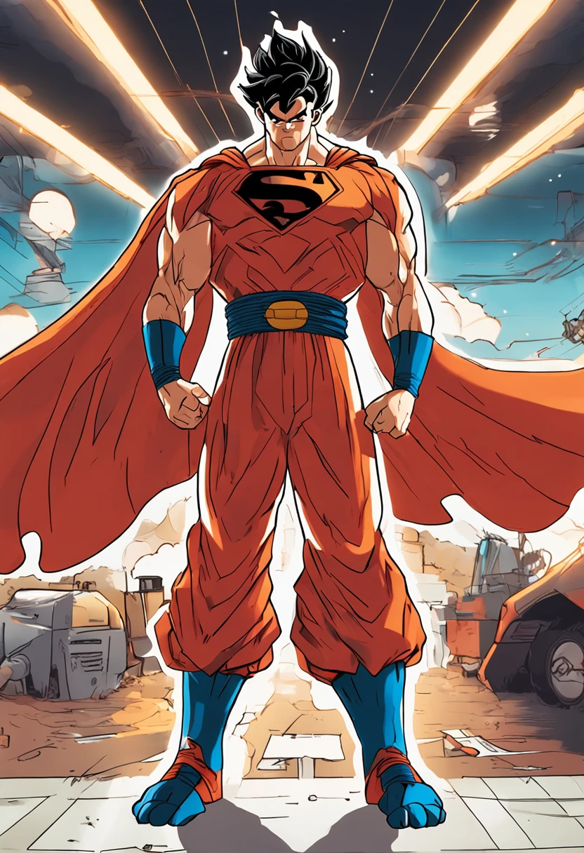Goku no estilo de Akira Toriyama, vestido com uma fantasia de Superman. 8k ultra detalhe