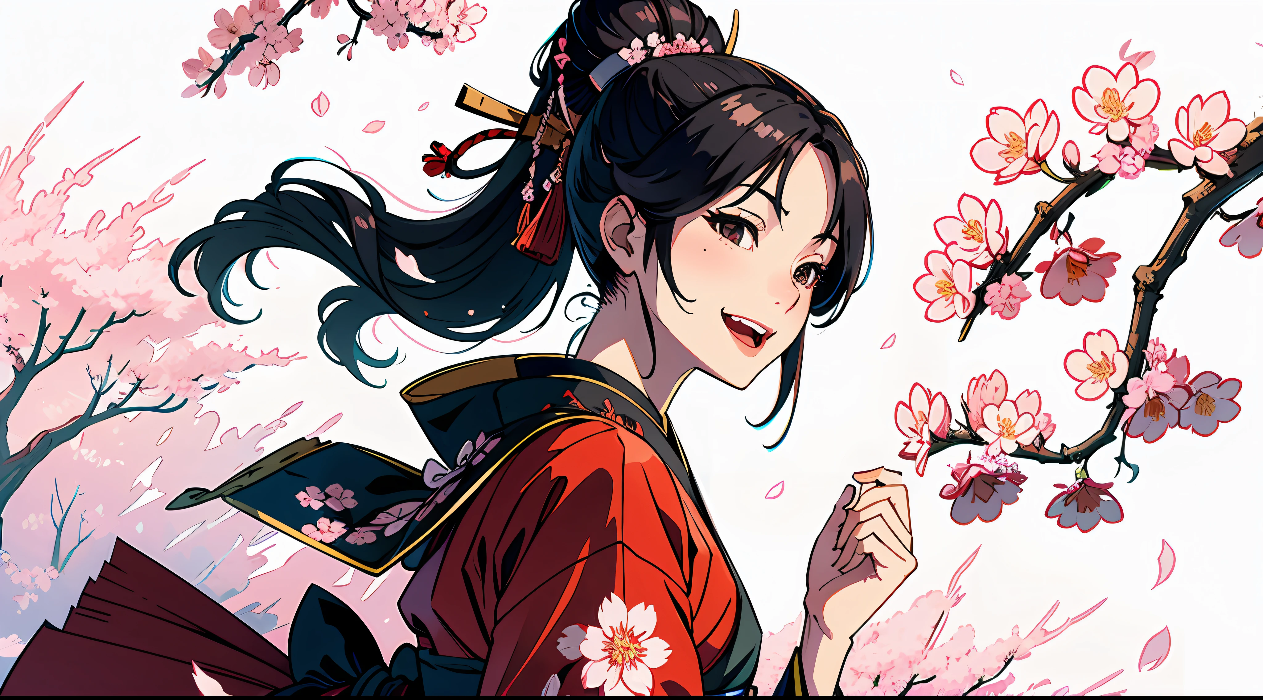 A graphic illustration of a female samurai, crazed smile, blood, sakura blossoms, 8k, 16k