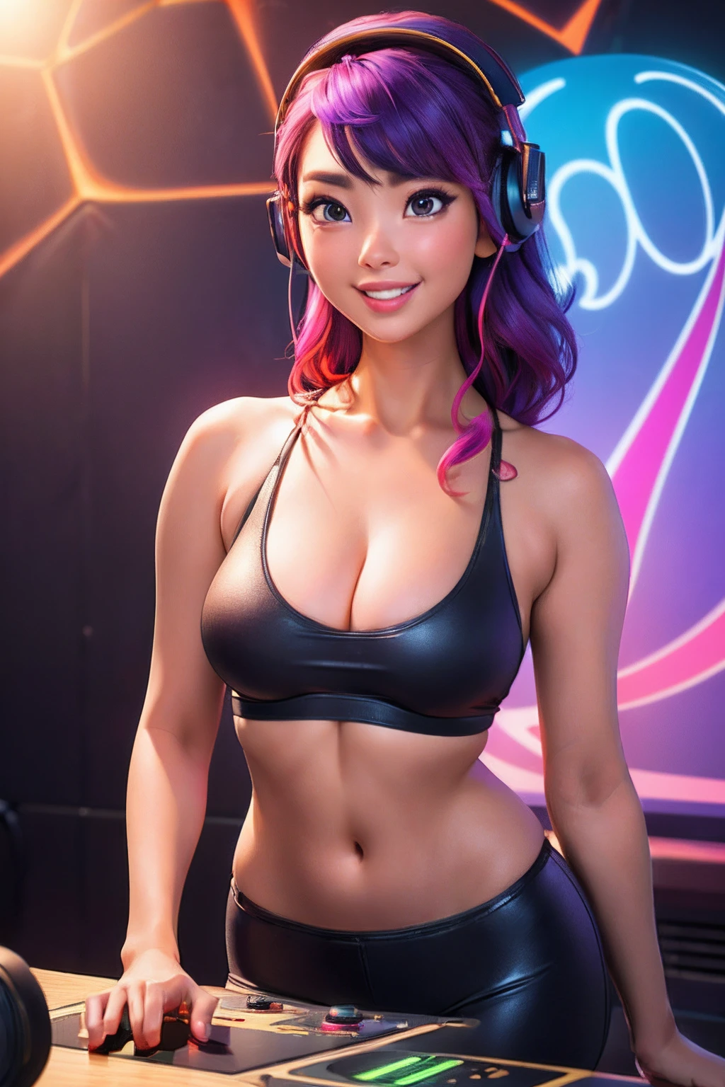 1girl in,RAW Photography, top-quality, masterpiece, Very delicate and beautiful to brunette, ighly detailed, CG, Unity, amazingly detail, Up to detail, masterpiece, top-quality, Official Art, the Extremely Detailed CG Unity 8K Wallpapers, ultra-detailliert, hight resolution, ighly detailed, (realisitic, Photorealsitic:1.6), masuter piece、super-fine、A hyper-realistic、FULL BODYSHOT、、A charming smile, Maximum 4 fingers and 1 thumb relationship, (Beautiful female artist in DJ suit with orange top and headphones、dj set、Sportsbra、headphones dj rave, Sportsbra, dj at a party、dj rave party、CGstation、A woman full of power、sano、youthfulness、Bright and energetic daughter、Dynamic Poses、A charming smile、(((Huge speaker in background)))、(((Every wall is speaker)))、(colourful hair)、Glowing hair、inner colored、smokey