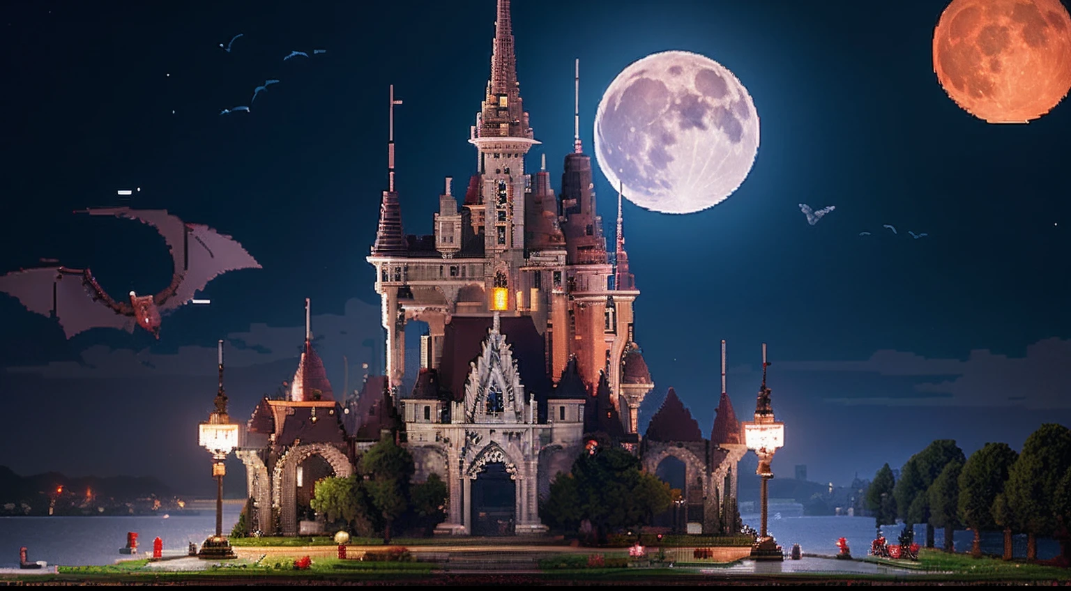 pixel game,scenography,fantastical scenes,Bloody moonlit night,Red Moon,Vampires,the bats,levitating, Pixel art #pixelart