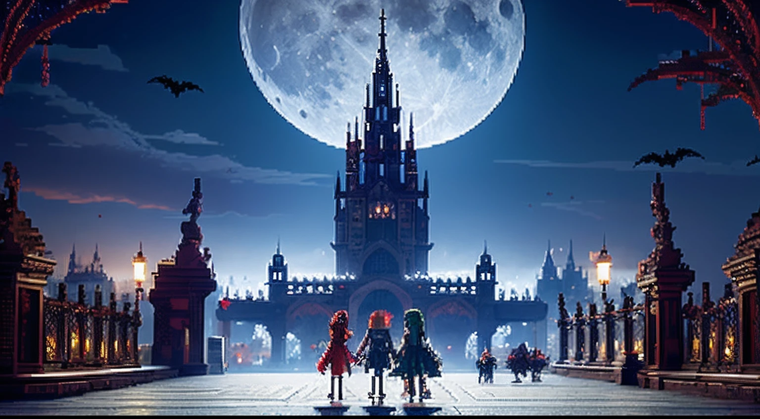 pixel game,scenography,fantastical scenes,Bloody moonlit night,Red Moon,Vampires,the bats,levitating, Pixel art #pixelart