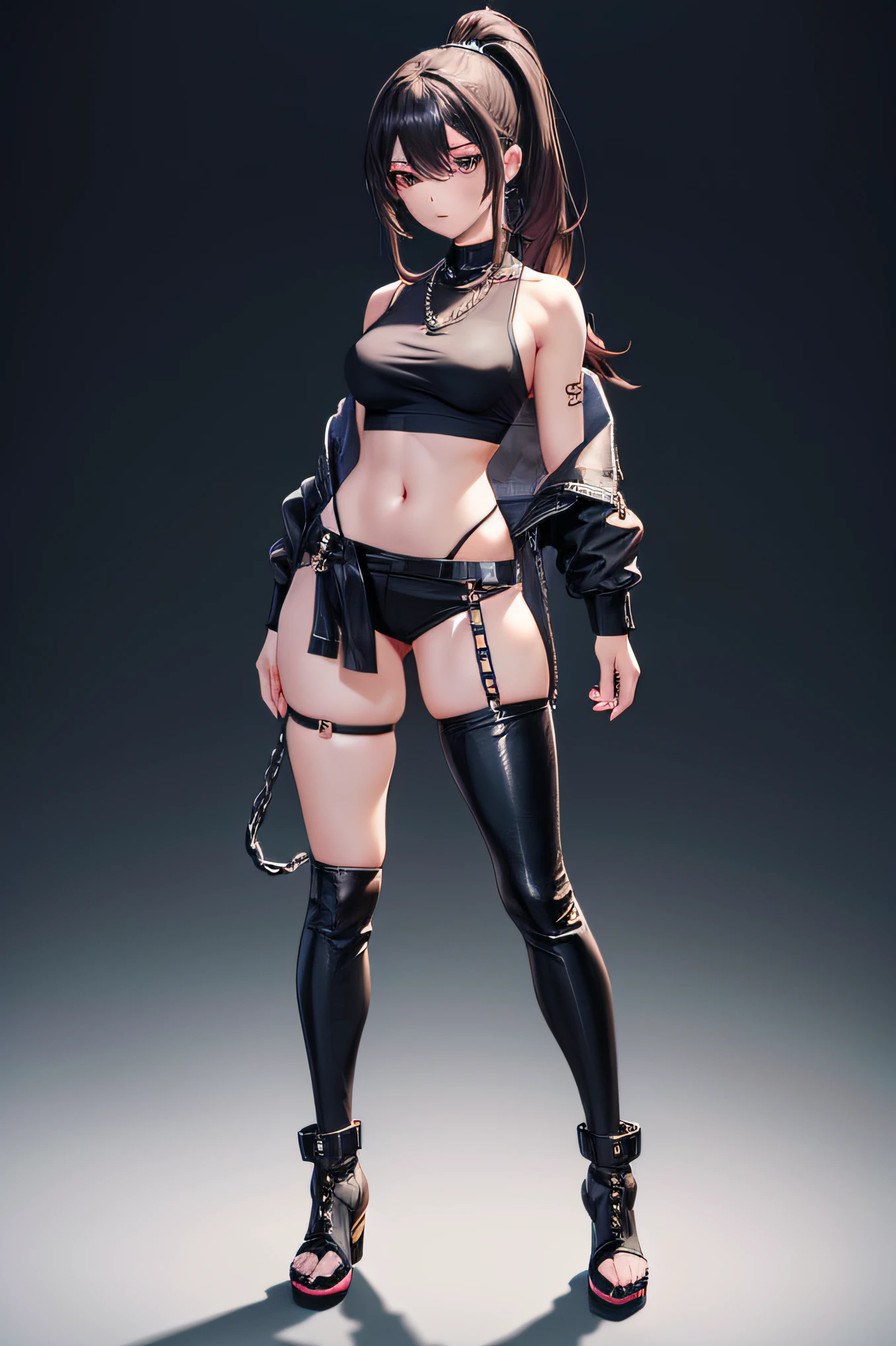 Anime girl wearing black top and black pants,A chain is tied around the waist, full body portrait of a short!, full body detailing, feminine outfit, anime vtuber full body model, anime full body illustration, full body adoptable, !!Full body portrait!!, mechanic punk outfit, highly detailed whole body, Single character full body, Full body illustration, female human body whole body,High ponytail,Blushlush,