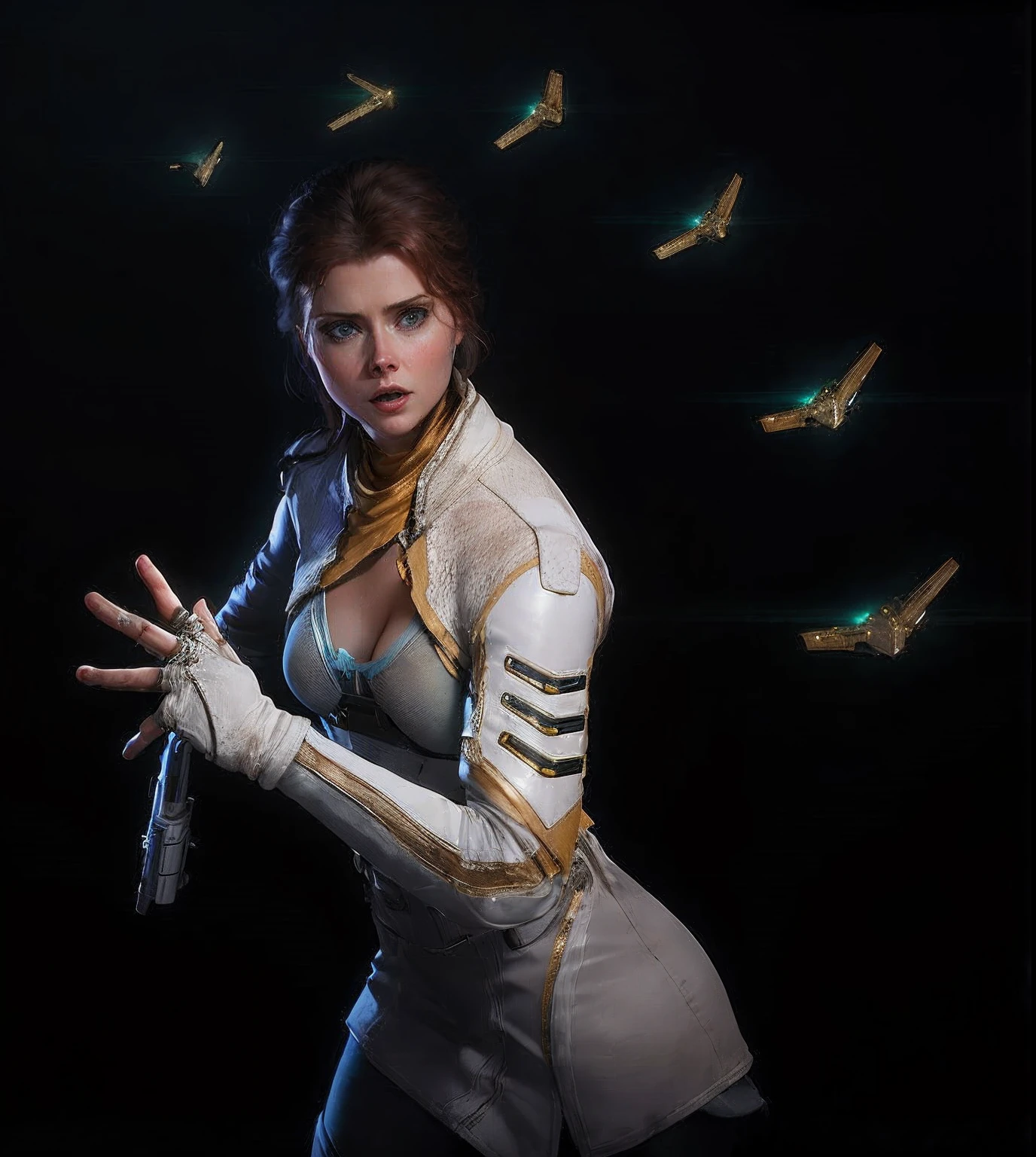 Hot terrified Amy Adams holding a sci fi blaster on Ishimura Horror Space Ship photography, natural light, photorealism, cinematic rendering, ray tracing, the highest quality, the highest detail, Cinematic, Third-Person View, Blur Effect, Long Exposure, 8K, Ultra-HD, Natural Lighting, Moody Lighting, Cinematic Lighting