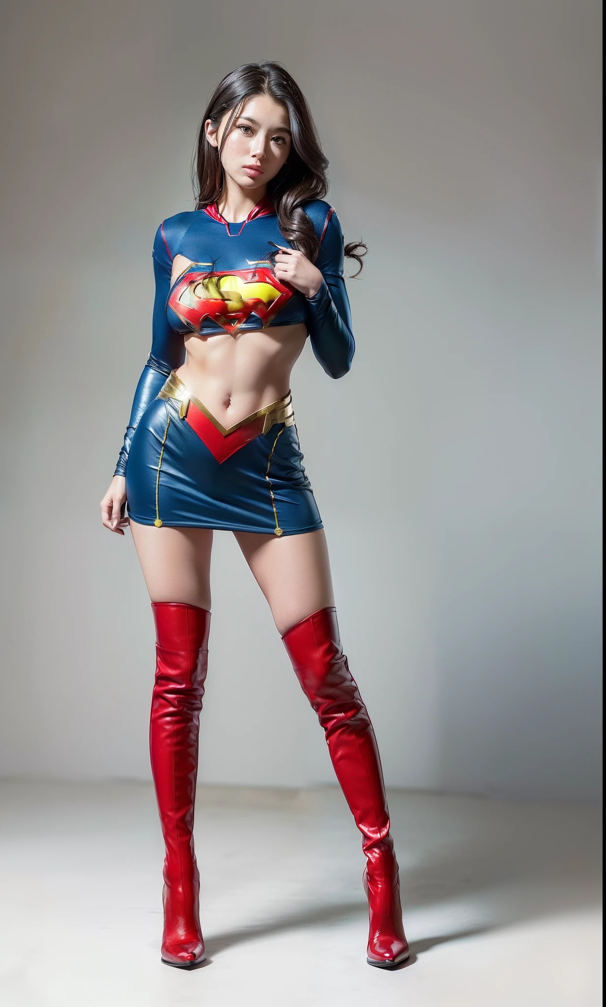 (((Make the most of the original image)))、(((Supergirl Costume)))、(((lustrous dark hair)))、(((Suffering)))、(((Feet must necessarily be worn with black tights)))、(((You need to wear red boots)))、((Top image quality、8K))、((top-quality、8K、​masterpiece:1.3))、Crisp focus:1.2、Beautiful woman with perfect body shape:1.4、Slender Abs:1.2、((layers-Cut、large boob:1.2))、a wet body:1.5、Highly detailed facial and skin texture、