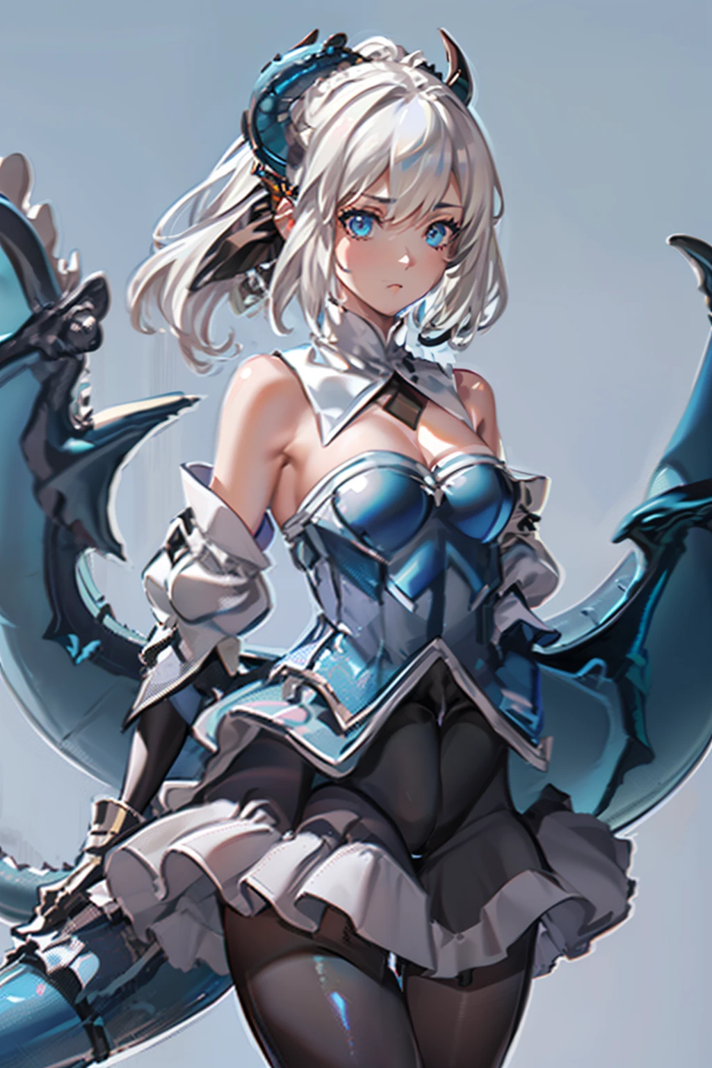 masterpiece,best quality, masterpiece, high detail,detailed face,detailed eyes,rendered eyes,perfect eyes,hip lines,ambient occlusion,crisp image,detailed,amazing,8k,8k wallpaper,8k background,high detailed skin,high res,((((cowboy shot)))),((((Flat chest))))) ((1dragon girl,solo)), ((((white hair)))) ,ahoge,ponytail,(((blue horns,blue eyes,ArtoriaLily,LiSt1 armored detached_sleeves gauntlets bare_shoulders,long skirt ((((Big Thighs with black Pantyhose)))), ((((Blue Dragon Tail)))