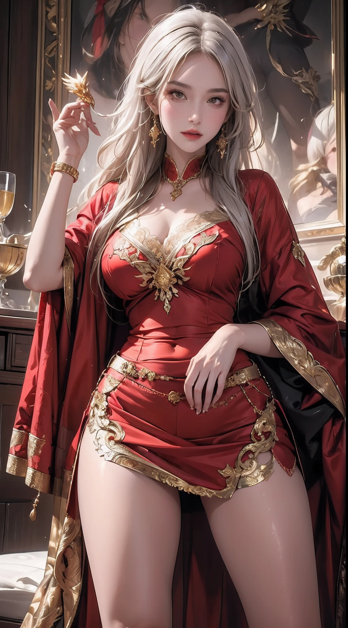 ((Masterpiece, Highest quality)), Detailed face, CharacterDesignSheet,full bodyesbian, Full of details, Multiple poses and expressions, Highly detailed, Depth, Many parts,beuaty girl,cinmatic lighting,with light glowing,Red and gold,Phoenix decoration,light yarn,Lace,lacepantyhose,high-heels