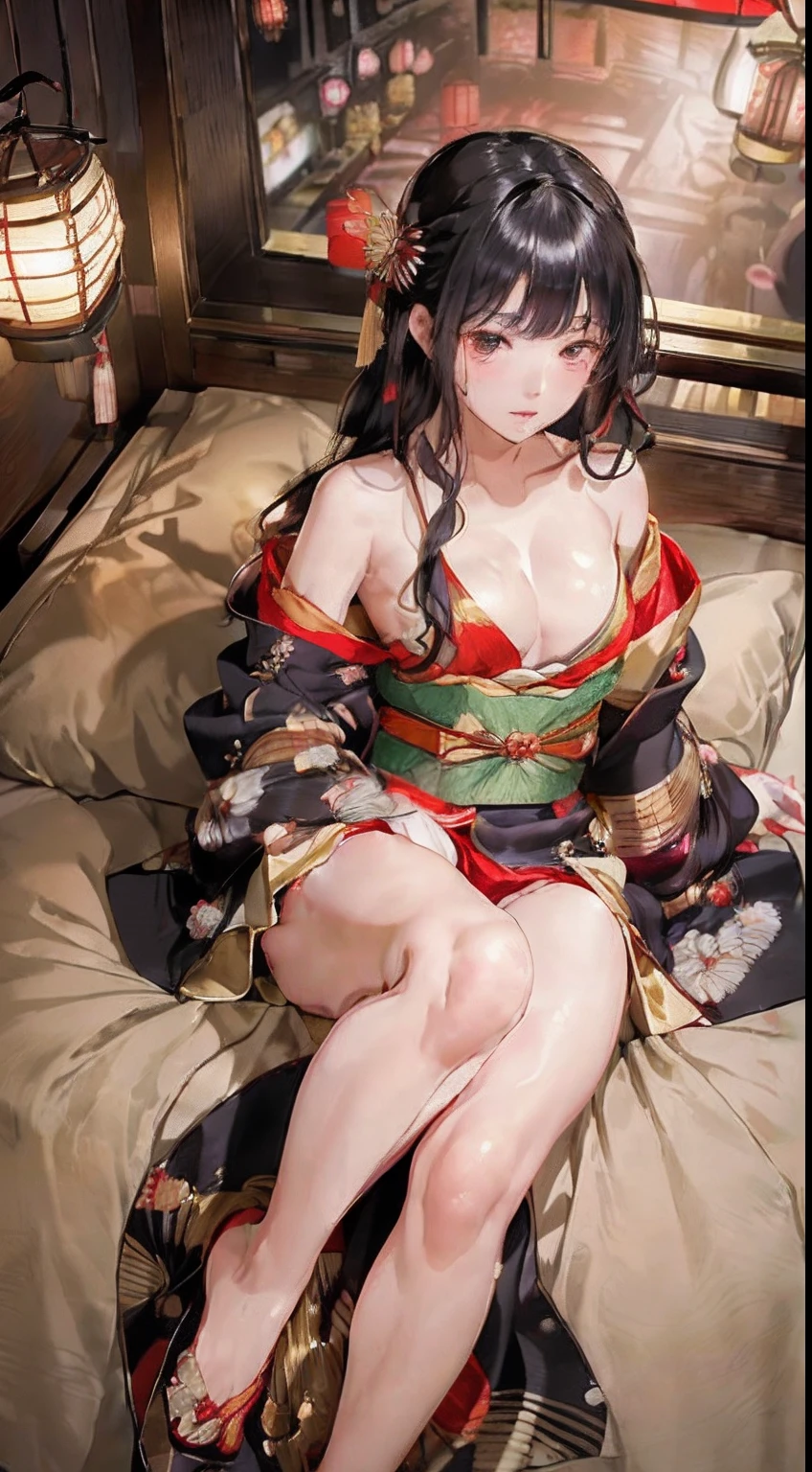 (花魁:1.4)、1girl in,Black hair fringe long hair、Braided hair、disheveled hair、Light brown eyes、(Extraordinary beauty)、(dignified expression)、(Colorful traditional kimono, A shiny and luxurious Japan based on red:1.4)、(爆乳:1.7)、(small breasts with rounded upturn:1.7)、(Photorealsitic)、(intricate detailes:1.2)、(masterpiece、:1.3)、(top-quality:1.4)、(超A high resolution:1.2)、超A high resolution、(A detailed eye)、(detailed facial features)、Wearing kimono_Clothes、(A dark room where only bedside lanterns shine:1.4)、on the bed、(Are sleeping:1.4)、(Open your legs:1.3)、Emphasis on the thighs、(beauty legs:1.4)、Emphasize the valley、(showing the shoulders:1.4)、(From above:1.3)