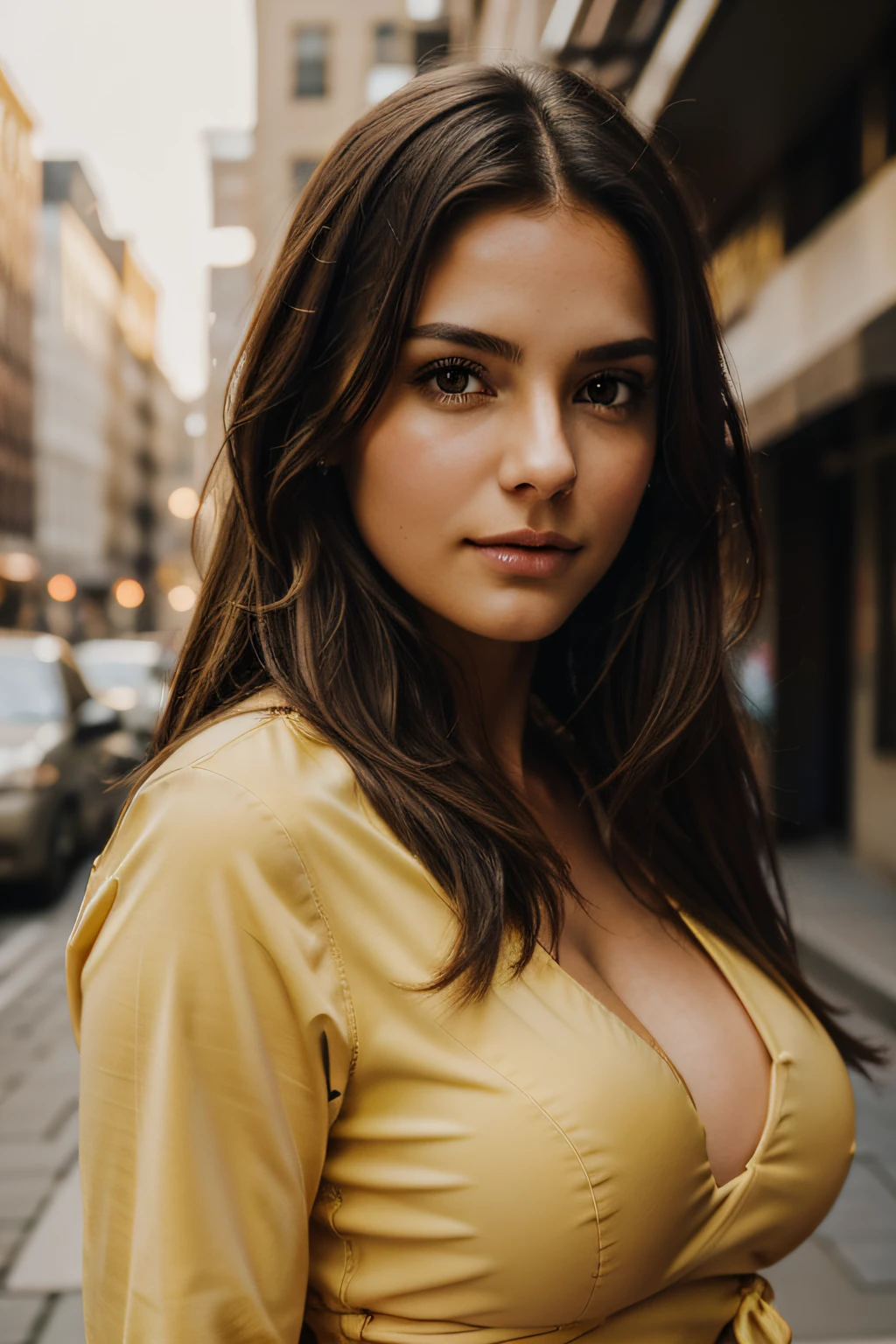 photography of a stunning girl, in the city, wearing a yellow shirt, enjoying, girl, summer, hot girl, (((very heavy bust))), brunette hair, long_hair, looks into the camera, symmetrical face, photorealistic, photography, spectacular lighting,, gorgeous, cleavage, western, (masterpice), best quality, high resolution, extremely detailed, skin with pores, blurred background, depth of field, cinematic lighting