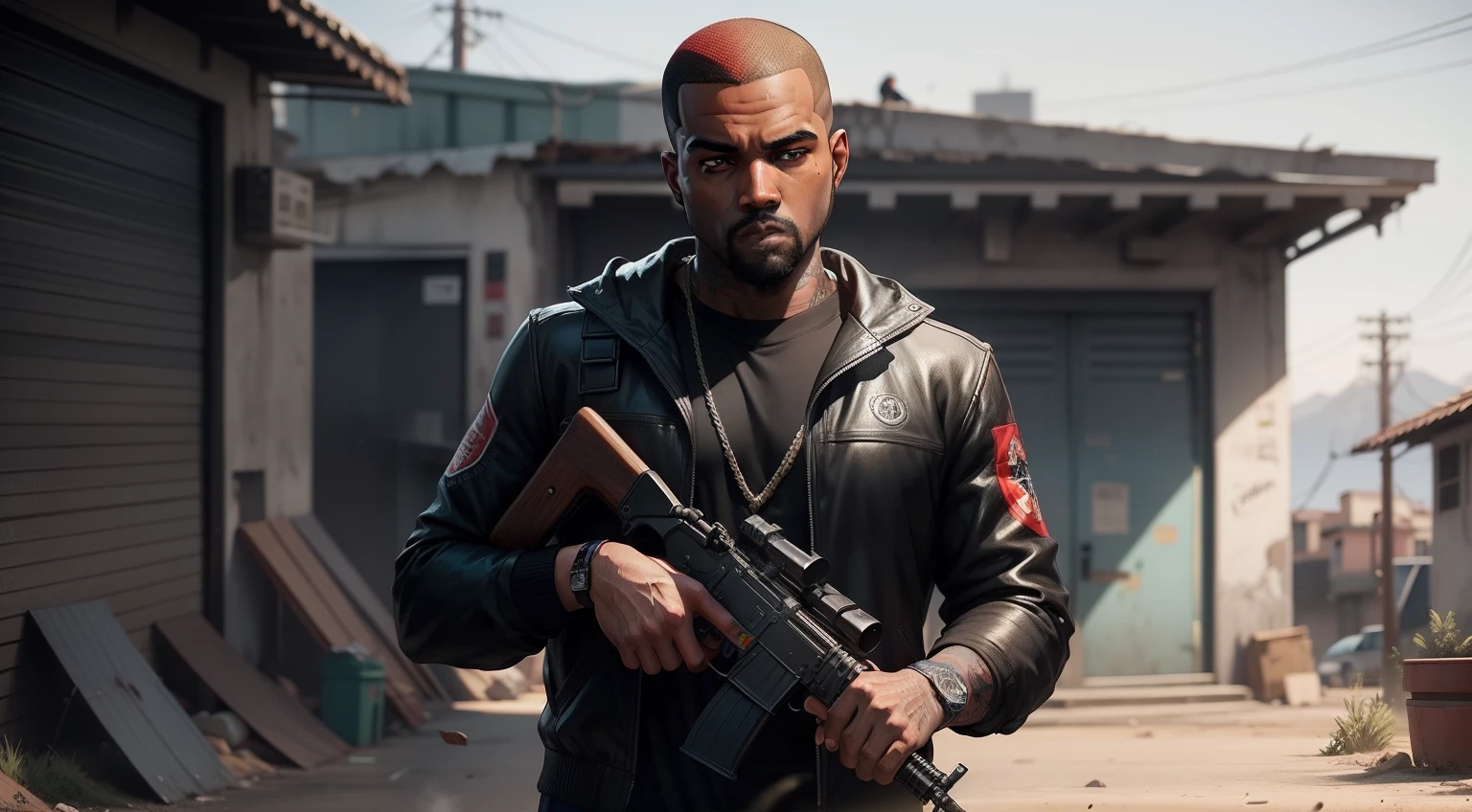 There's a man , gta personagem, Como o protagonista de GTA 5, GTA V Estilo, como um personagem de gtav, corte de cabelo red,cabelo red,Kanye West em GTA v, Estilo GTA5, gta v personagem, empunhando fuzil de assalto,rifle in hand ,fuzil AK-47 ,gta 5 tom de pele negro,em favela estilo brasil