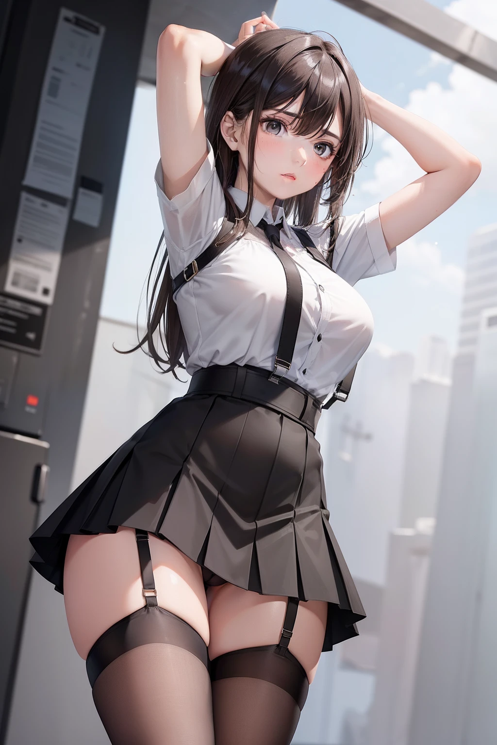 Black skirt, suspenders, Brown hair Gray eyes, Garter belt on the legs, Tight clothes, a belt Armpit sweat deadpan moderate breasts