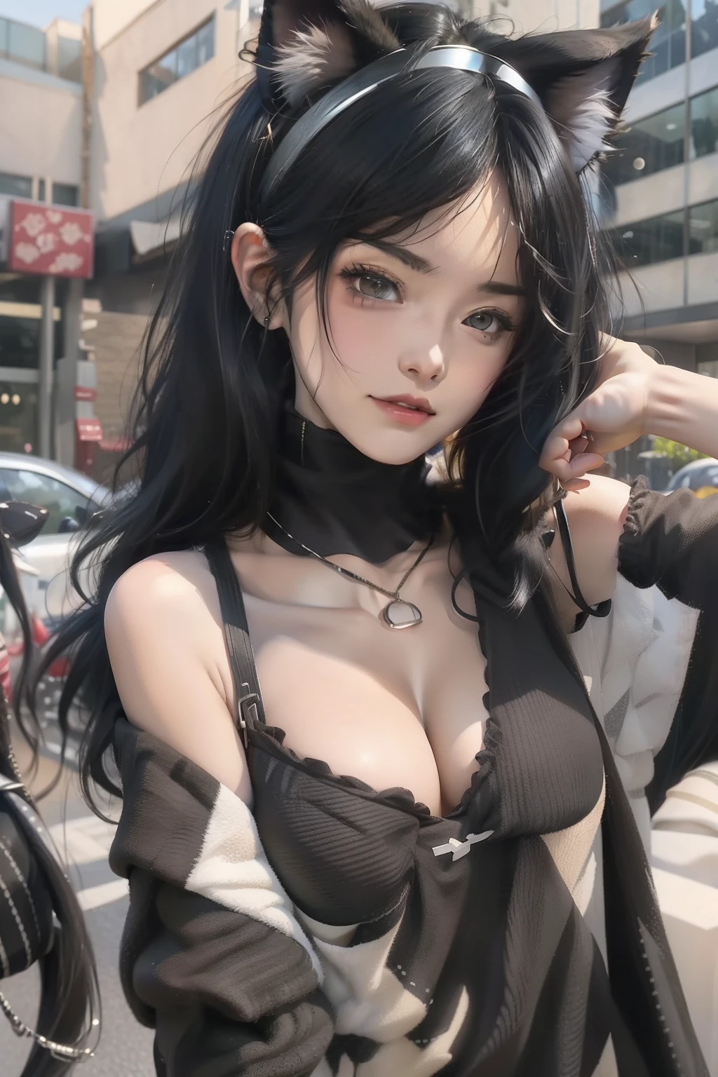 anime girl with black hair and cat ears posing for a picture,Only the breast patch is anime-style. 8K, Realistic anime 3 D style, Guviz-style artwork, 3 d anime realistic, anime styled 3d, Stunning anime face portrait, realistic anime artstyle, anime realism style, Realistic anime art style, hyper realistic anime, Kawaii realistic portrait