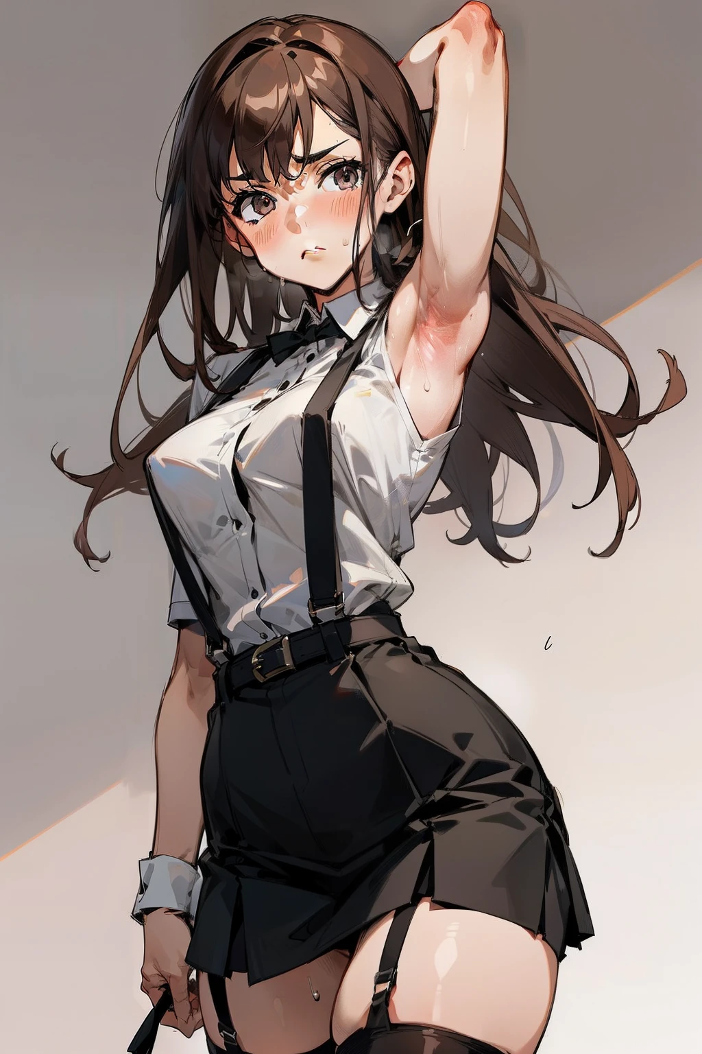 Black skirt, suspenders, Brown hair Gray eyes, Garter belt on the legs, Tight clothes, a belt Armpit sweat deadpan moderate breasts