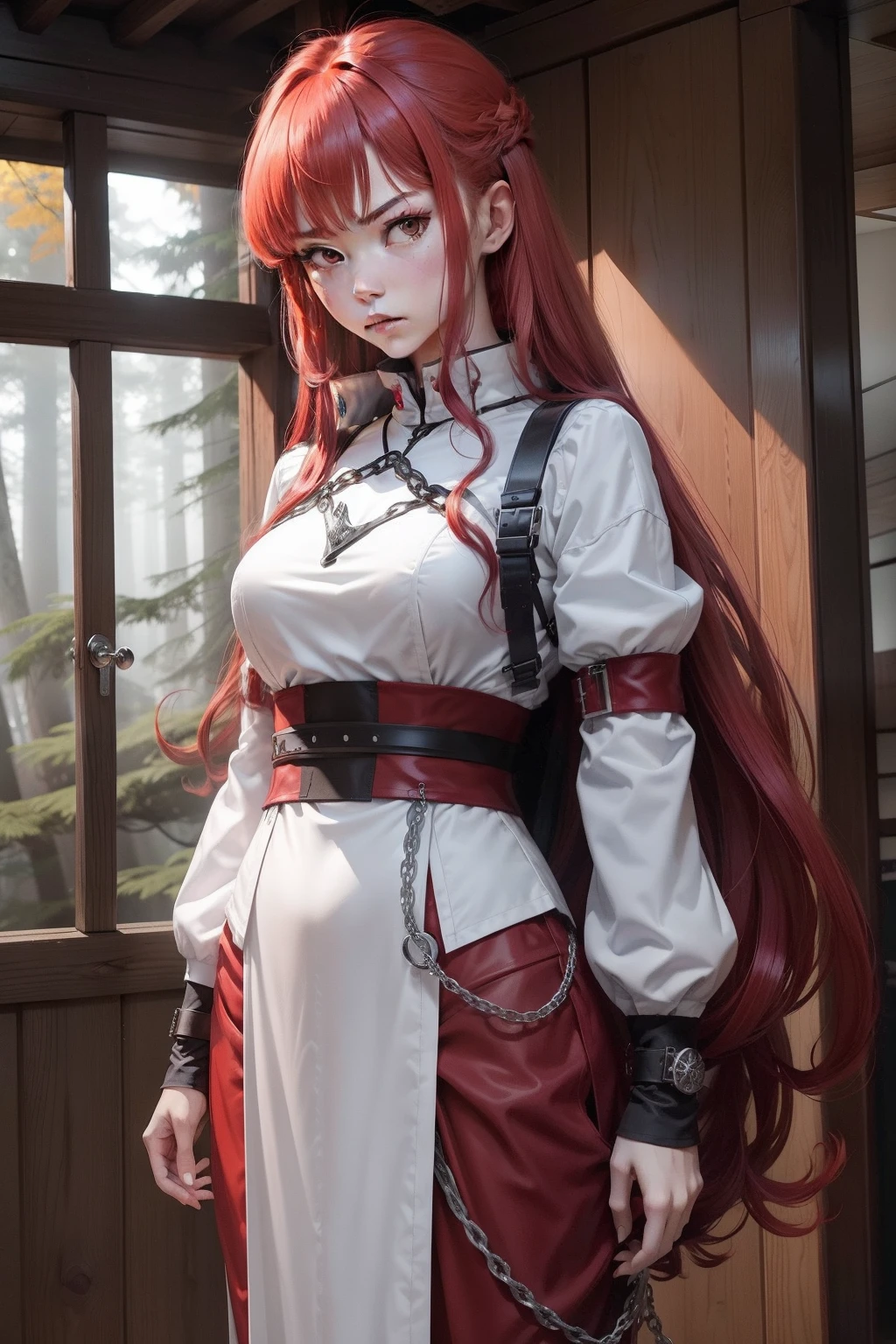 masutepiece、超A high resolution、Powerful images、8K、scene inside forest、a 18 year old girl、 Red hair color、long curly hair、Super Slender Figure、White Ninja Costume、chain mail、Niō Standing、Angry look、Wearing a white haori、